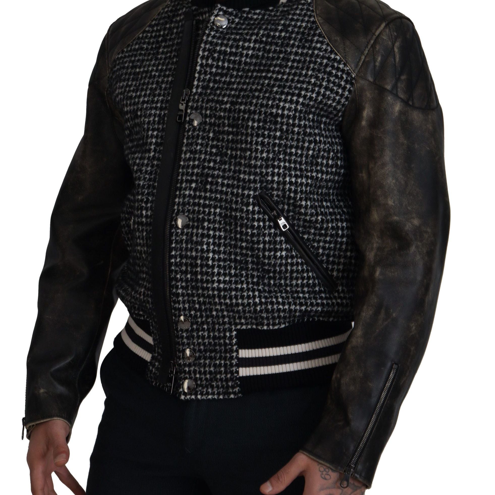 Dolce & Gabbana Dark Gray Houndstooth Polyester Bomber Jacket