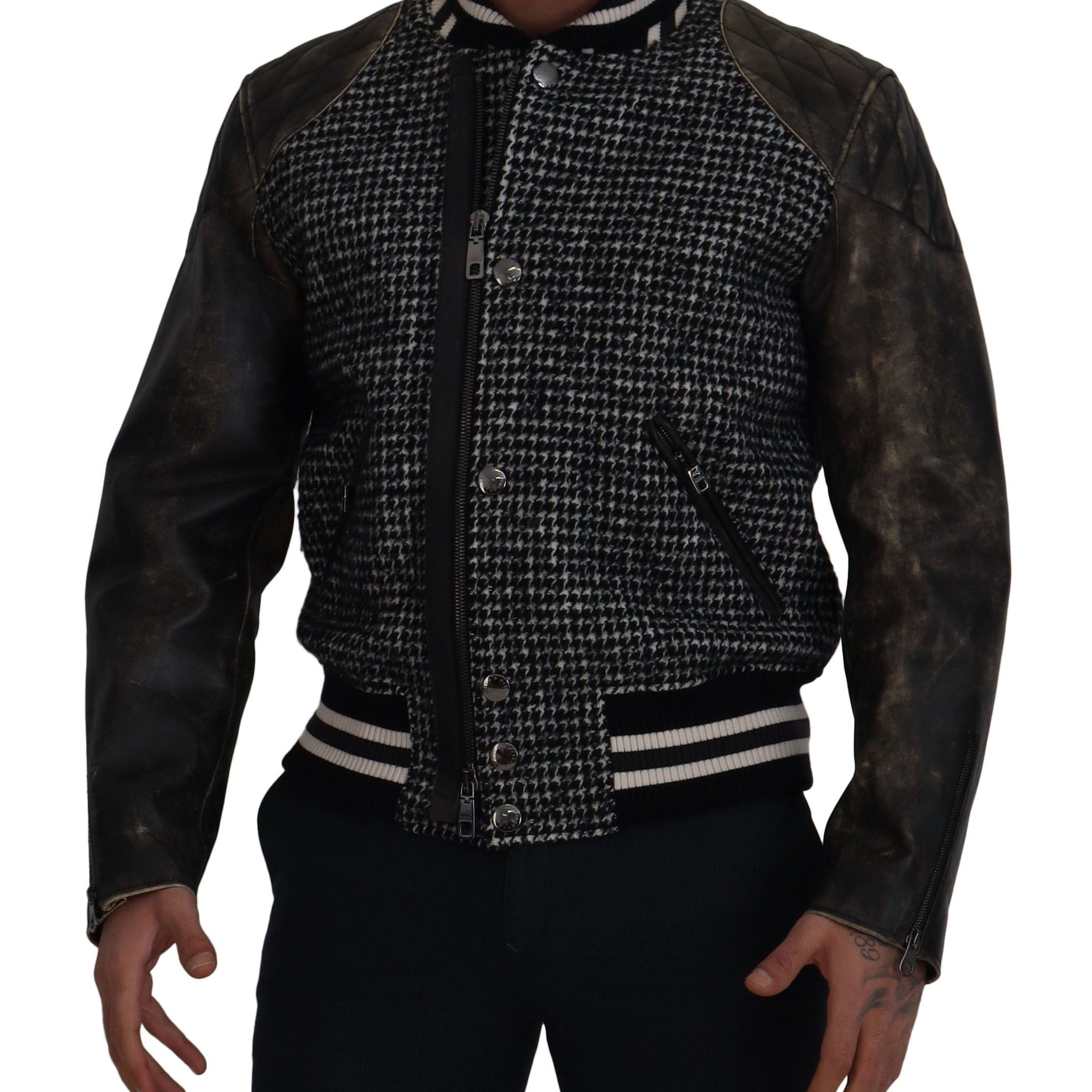 Dolce & Gabbana Black Houndstooth Polyester Bomber Jacket