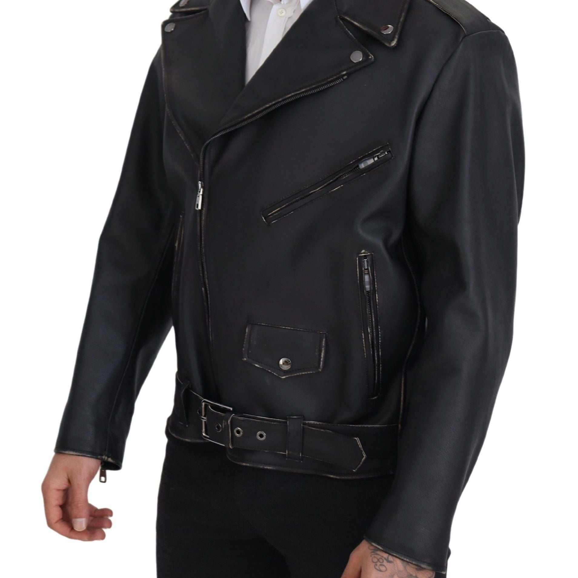 Dolce & Gabbana Black Leather Biker Coat Zipper Jacket