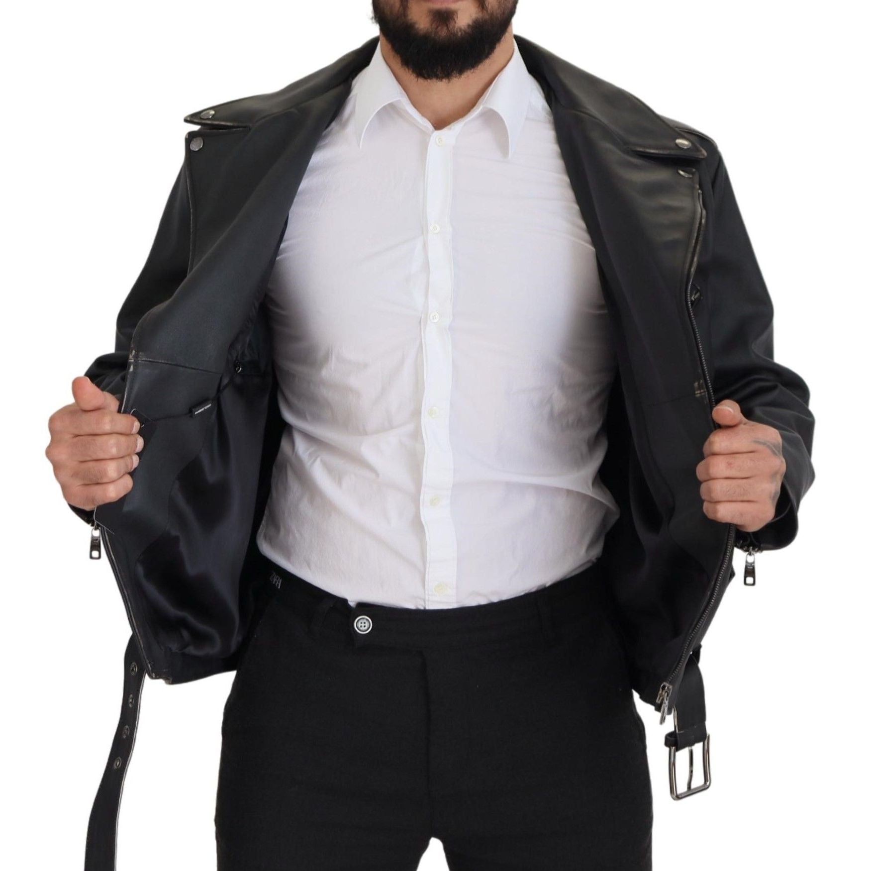 Dolce & Gabbana Black Leather Biker Coat Zipper Jacket