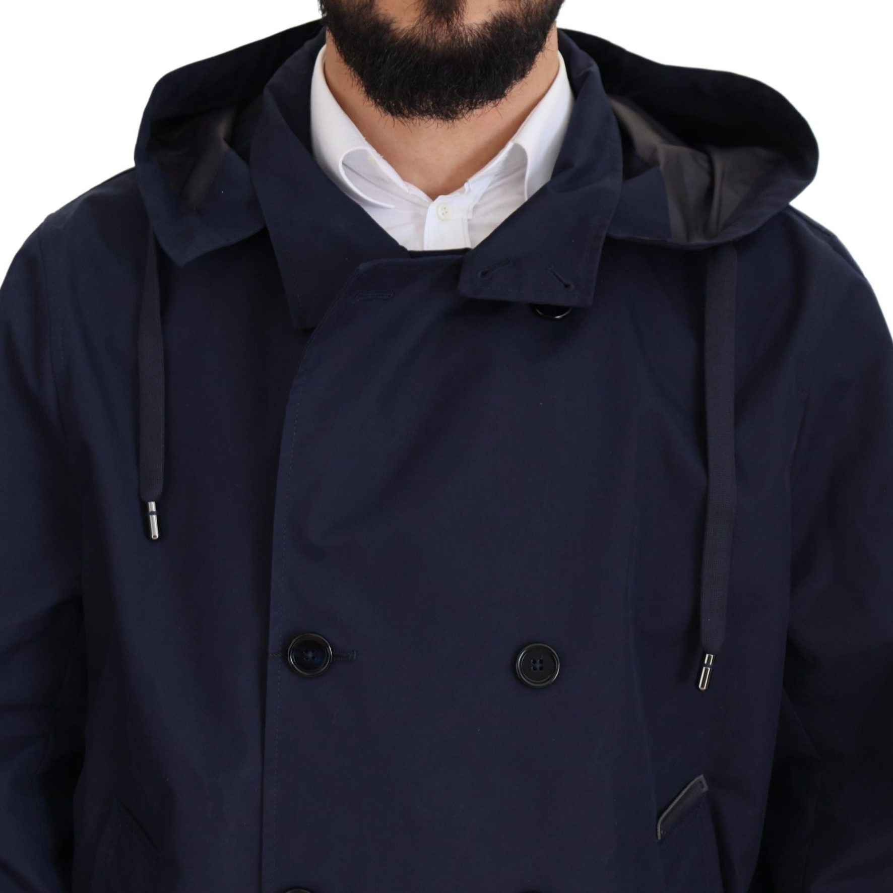 Dolce & Gabbana Blue Hooded Double Breasted Coat Jacket