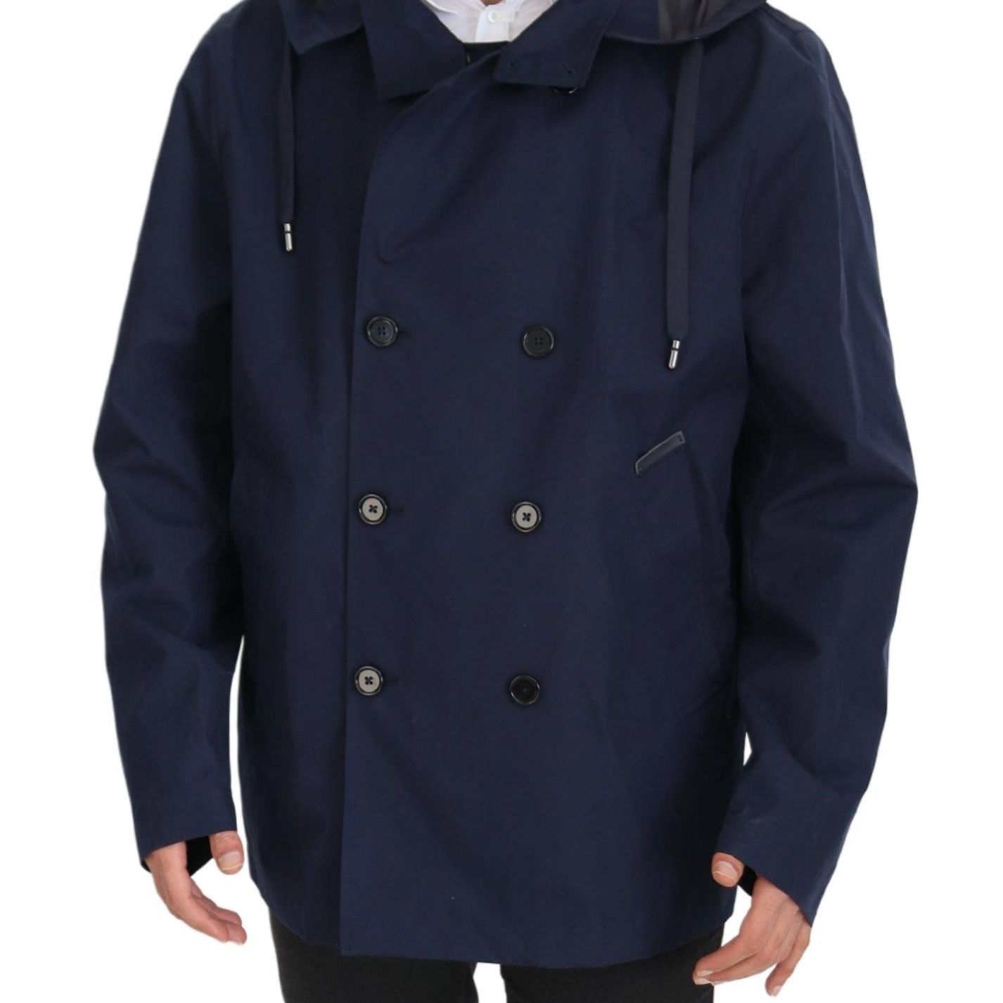 Dolce & Gabbana Blue Hooded Double Breasted Coat Jacket
