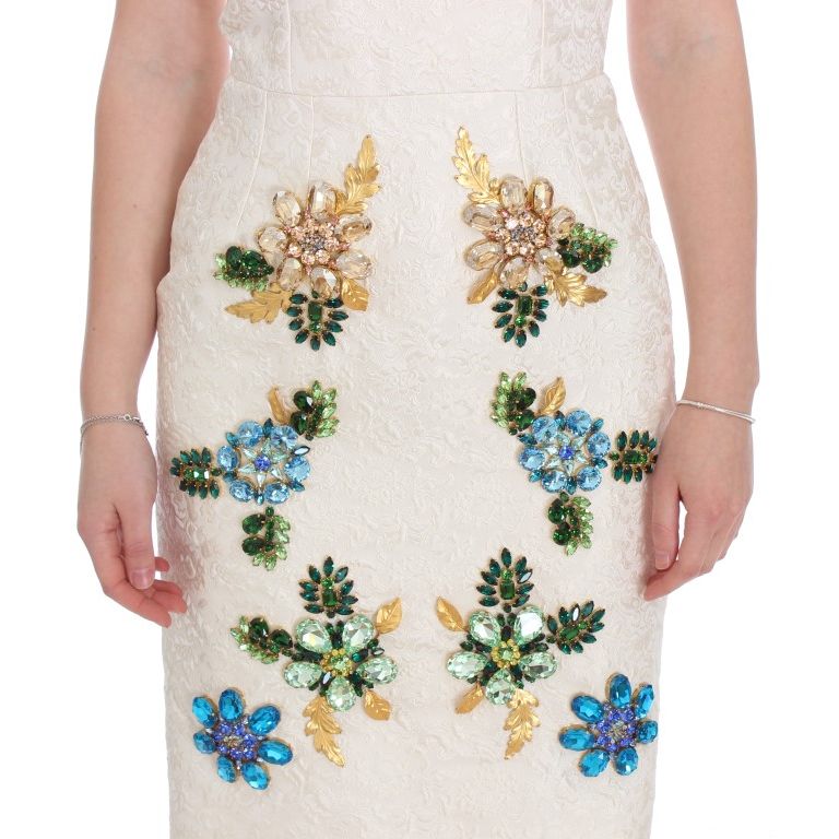 Dolce & Gabbana White Brocade Crystal Sheath Dress