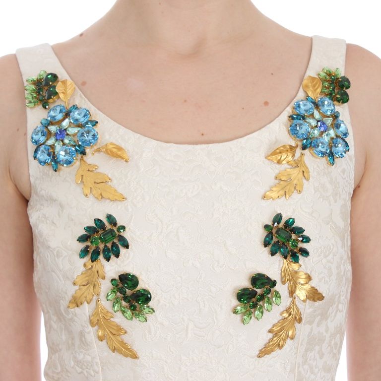 Dolce & Gabbana White Brocade Crystal Sheath Dress