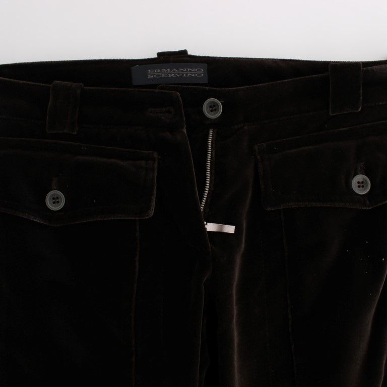 Ermanno Scervino Brown Cotton Velvet Zippers Slim Fit Pants
