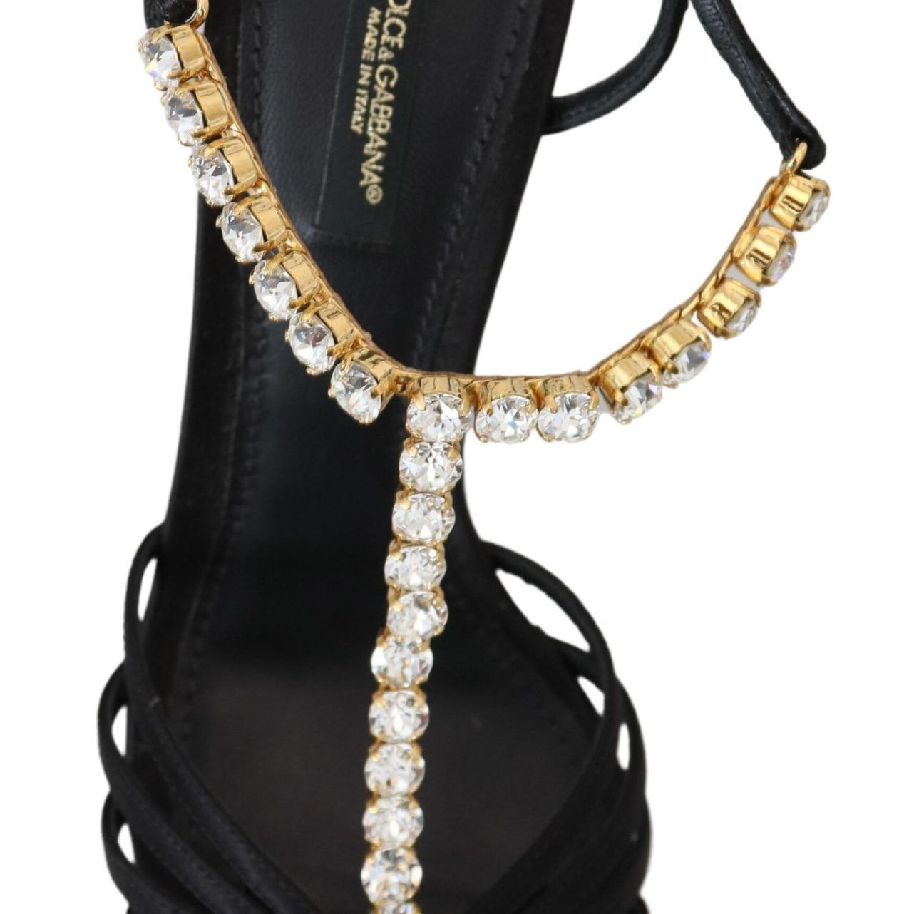 Dolce & Gabbana Black Satin Clear Crystal T-strap Sandal Shoes