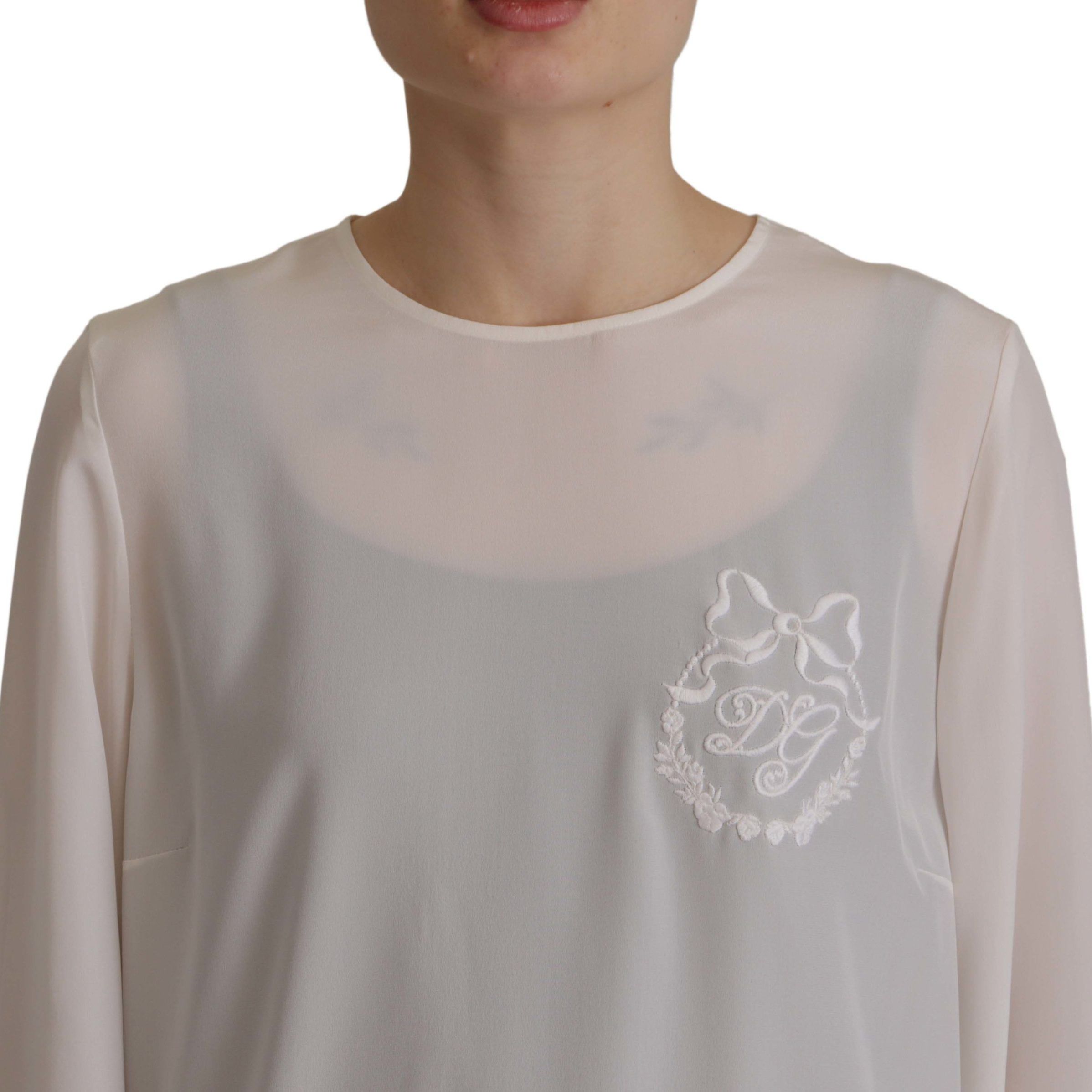Dolce & Gabbana White Silk DG Logo Embroidered Long Sleeves Blouse