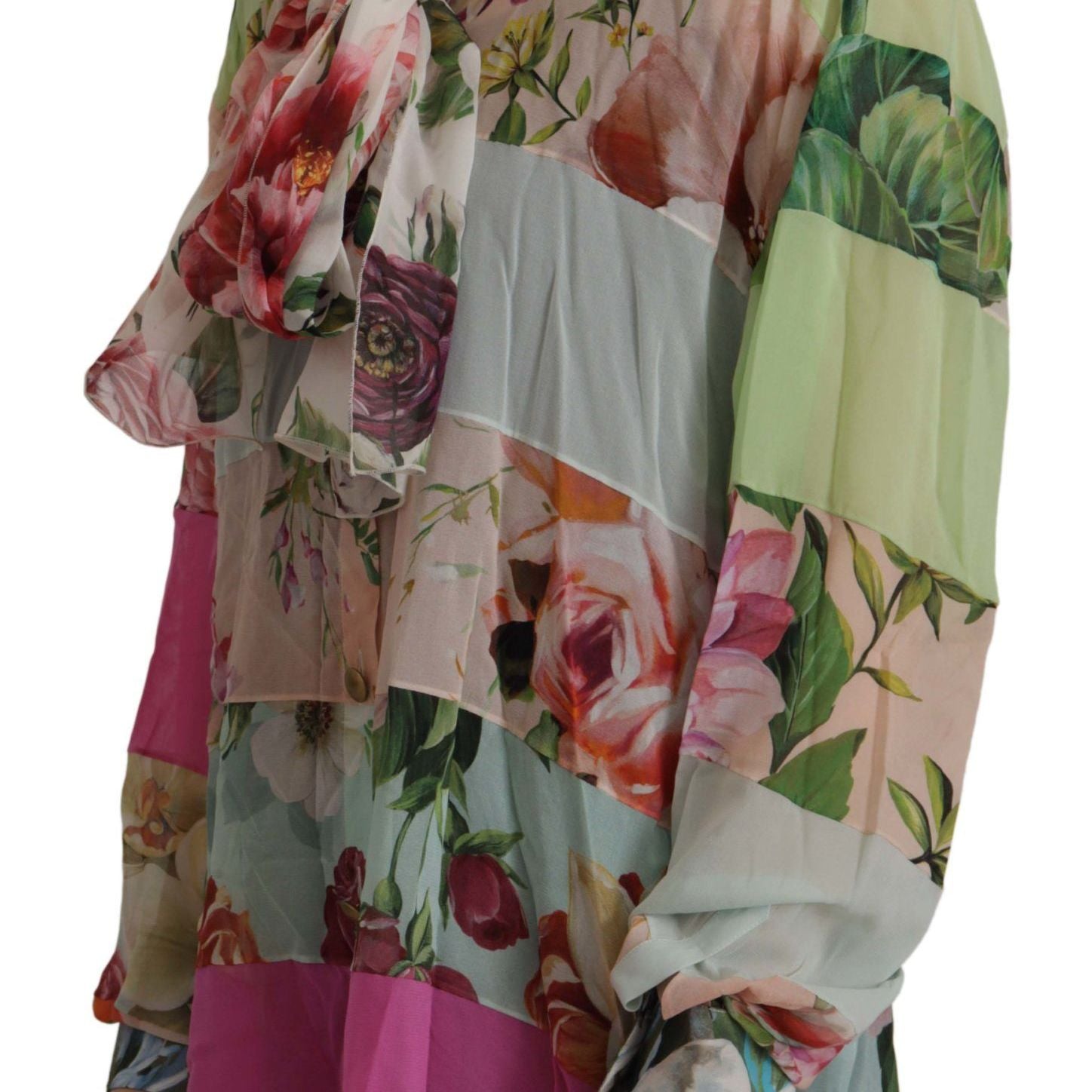 Dolce & Gabbana Multicolor Floral Patchwork Design Ascot Collar Top Blouse
