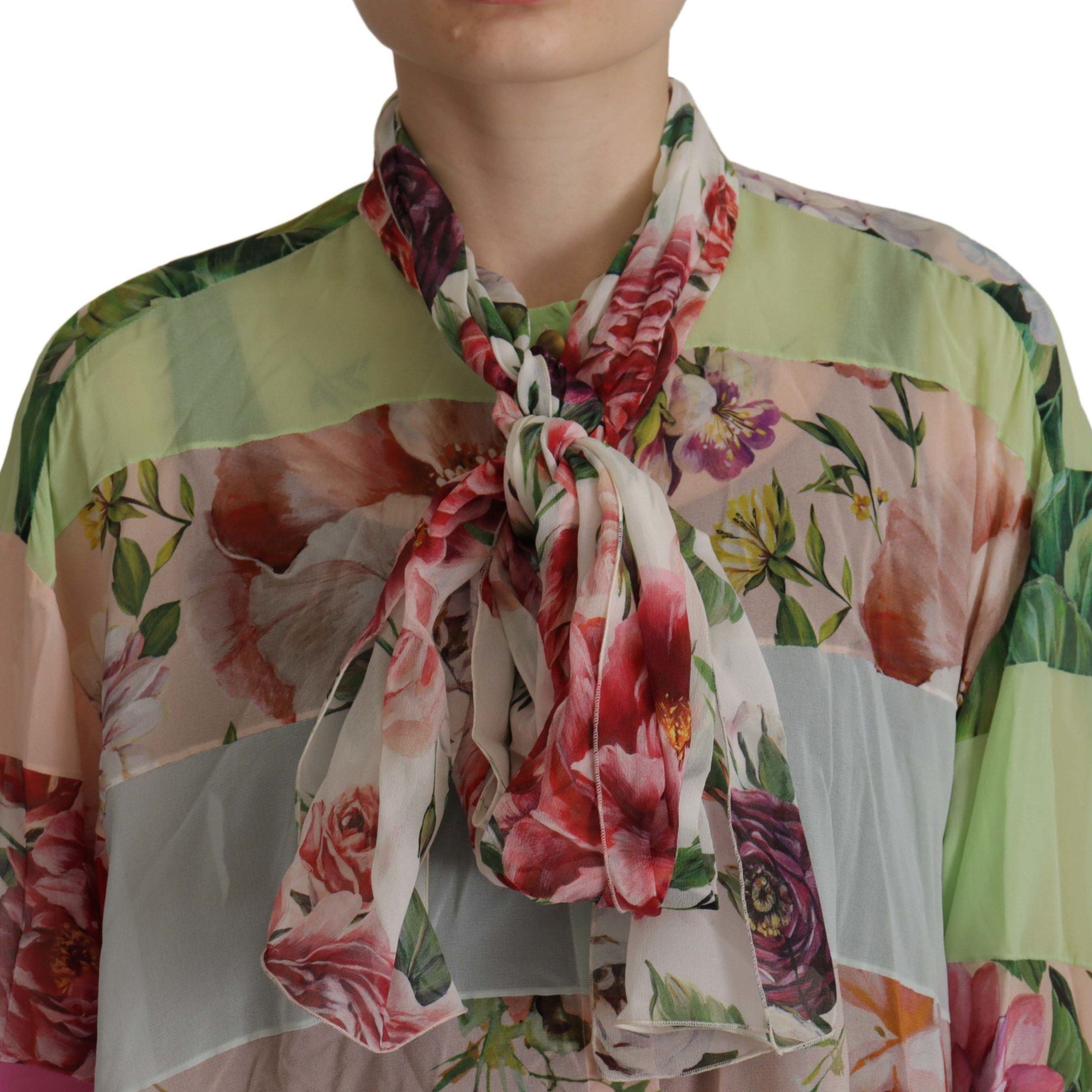 Dolce & Gabbana Multicolor Floral Patchwork Design Ascot Collar Top Blouse