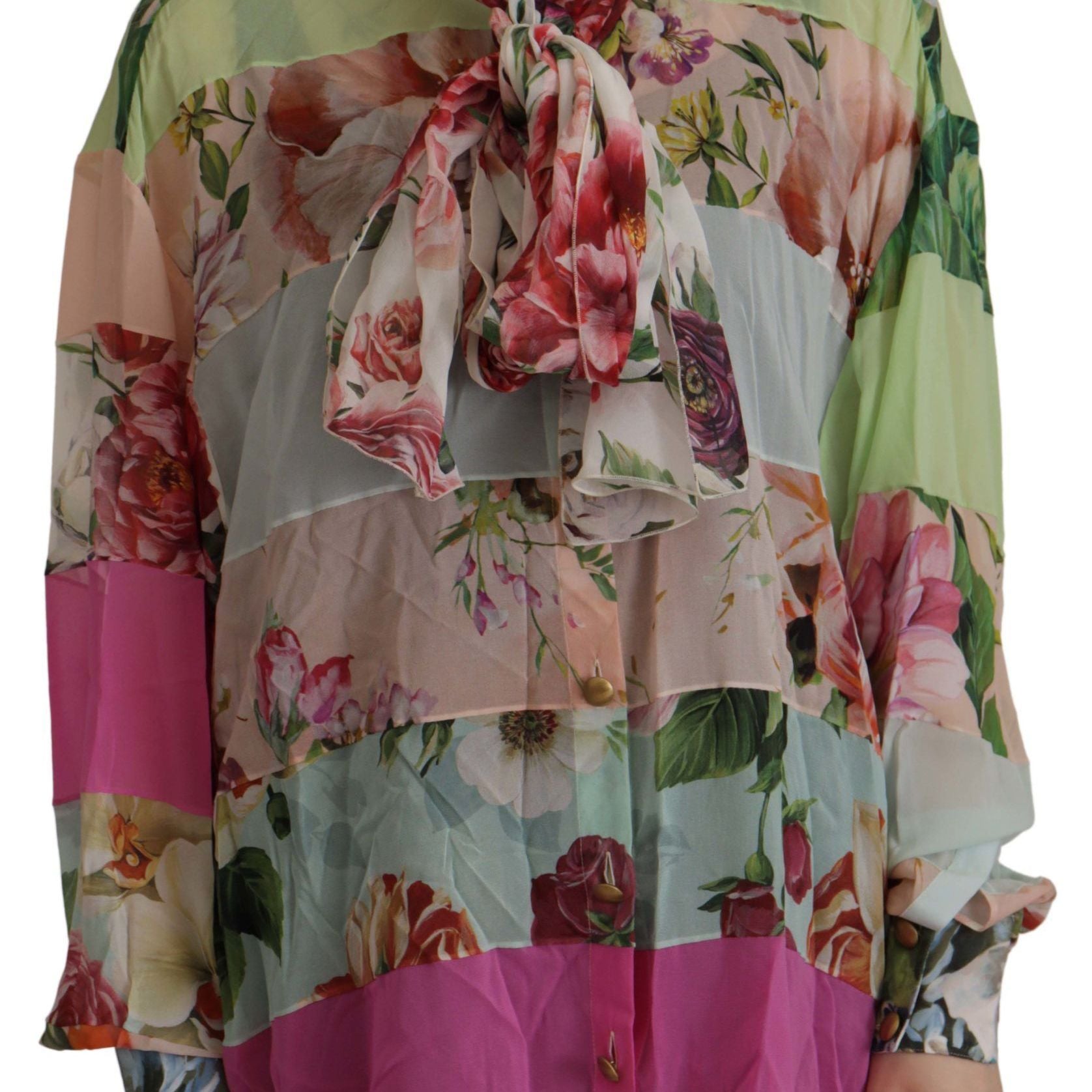 Dolce & Gabbana Multicolor Floral Patchwork Design Ascot Collar Top Blouse
