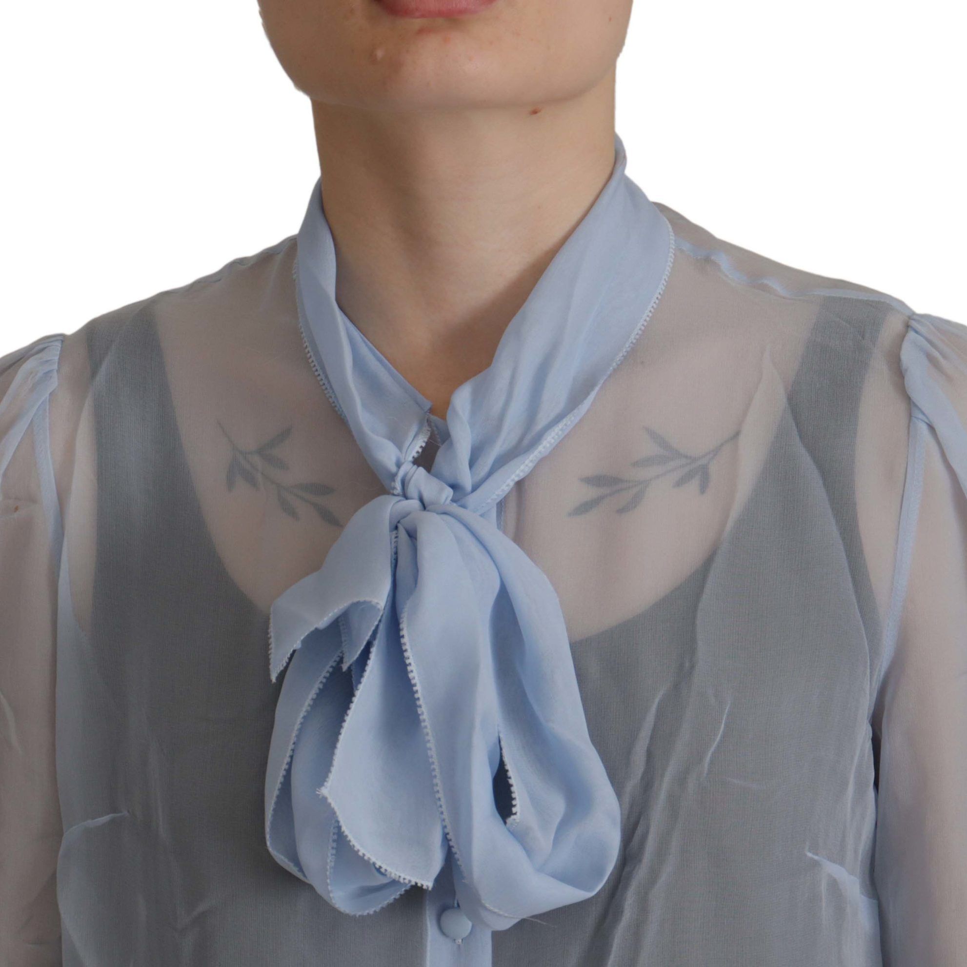 Dolce & Gabbana Light Blue Silk Ascot Collar Long Sleeves Top