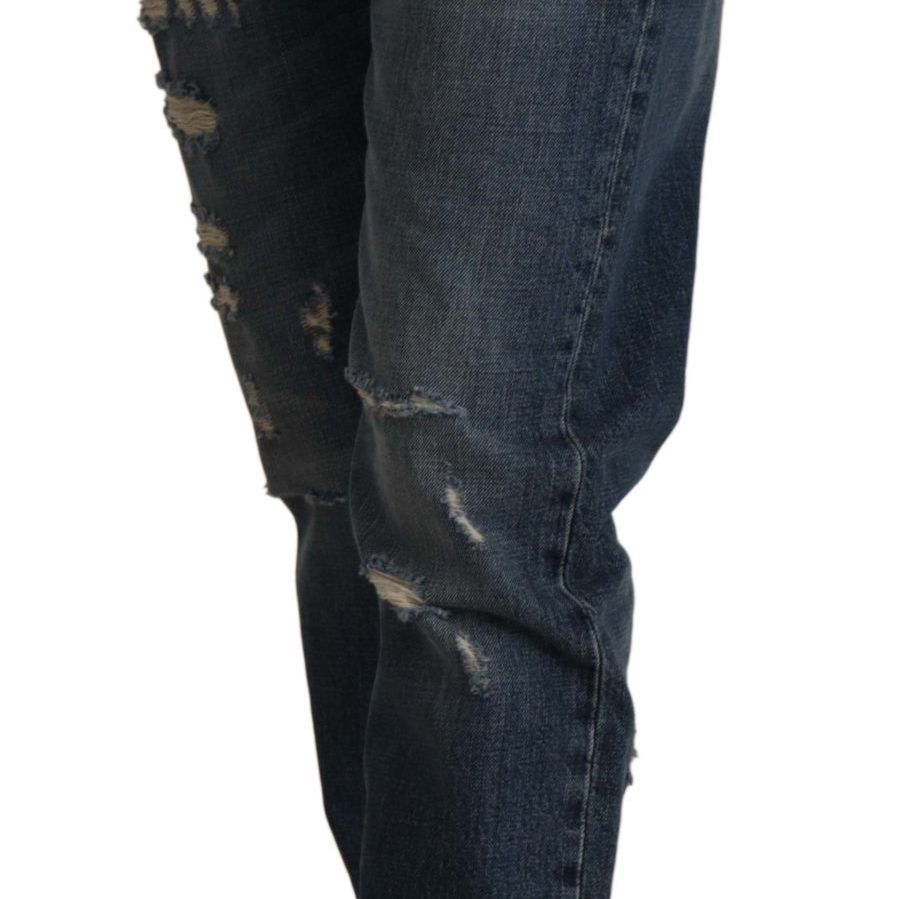 Dolce & Gabbana Blue Denim Baroque Heart Logo Patch Pants Jeans