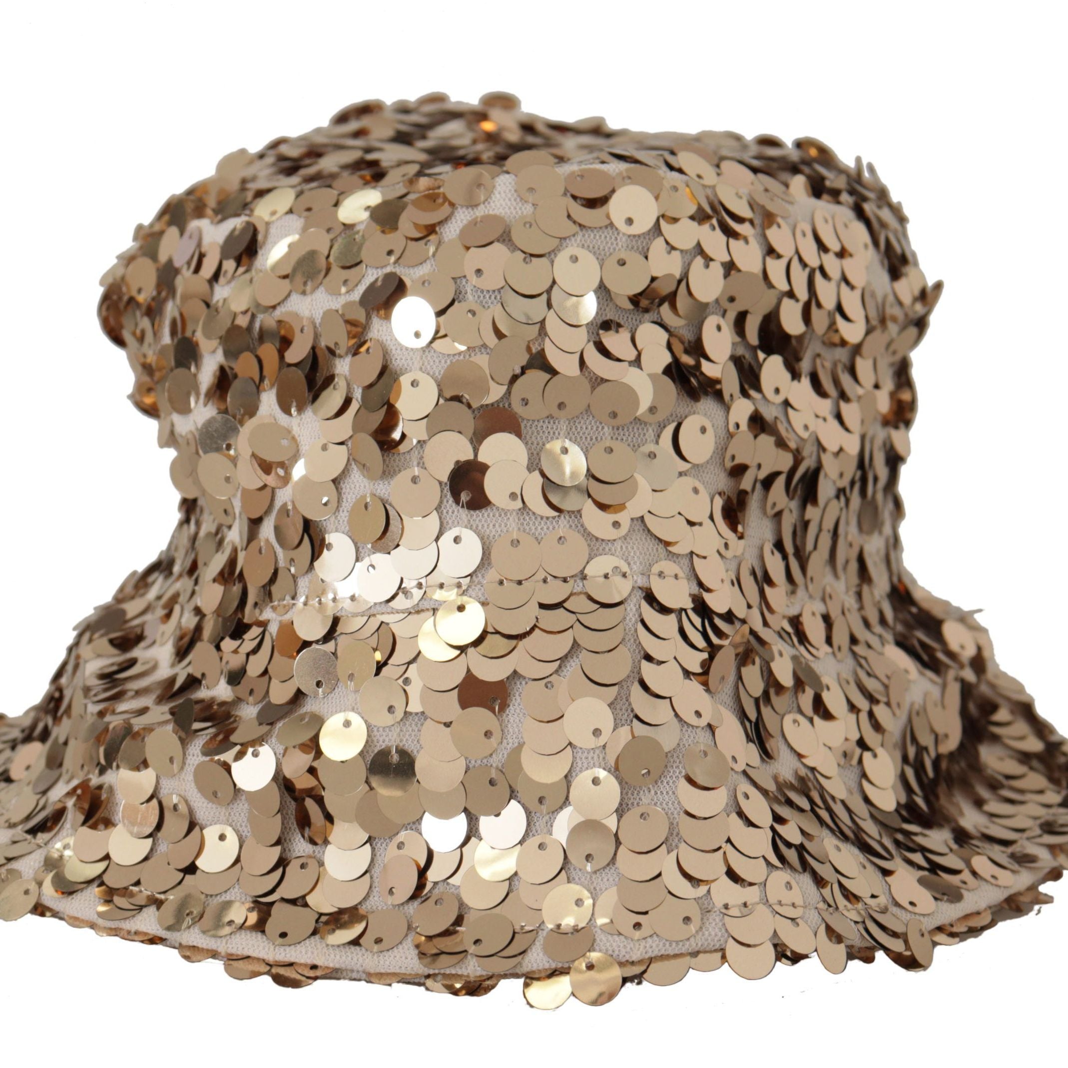 Dolce & Gabbana Gold Silk Sequin Embellished Designer Brim Bucket Hat
