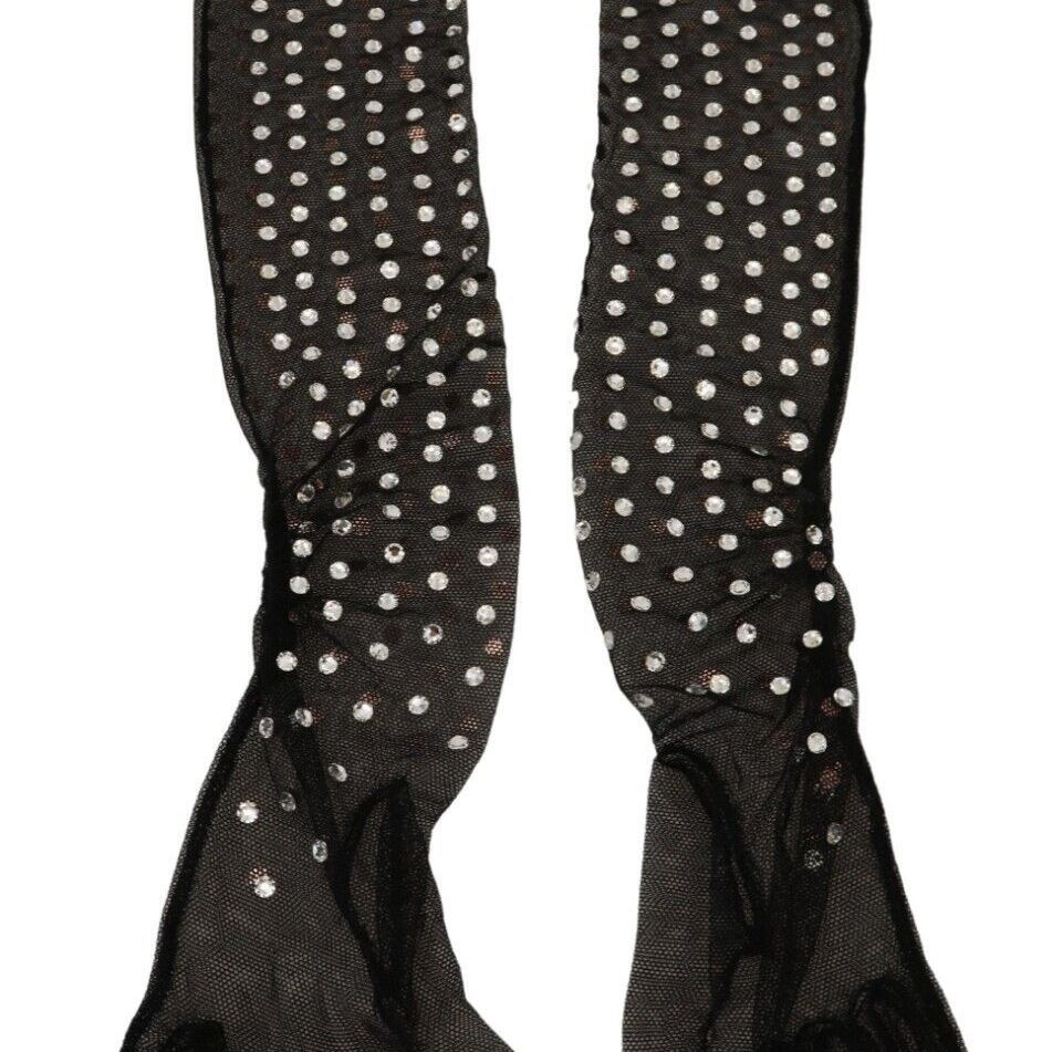 Dolce & Gabbana Black Crystal Elbow Length Cotton Tulle Gloves