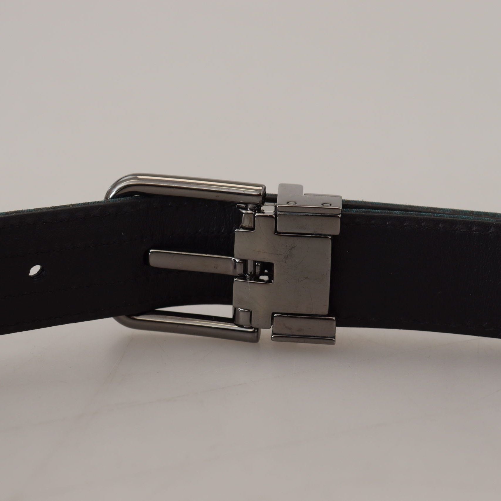 Dolce & Gabbana Blue Jacquard Moire Silver Metal Belt Men