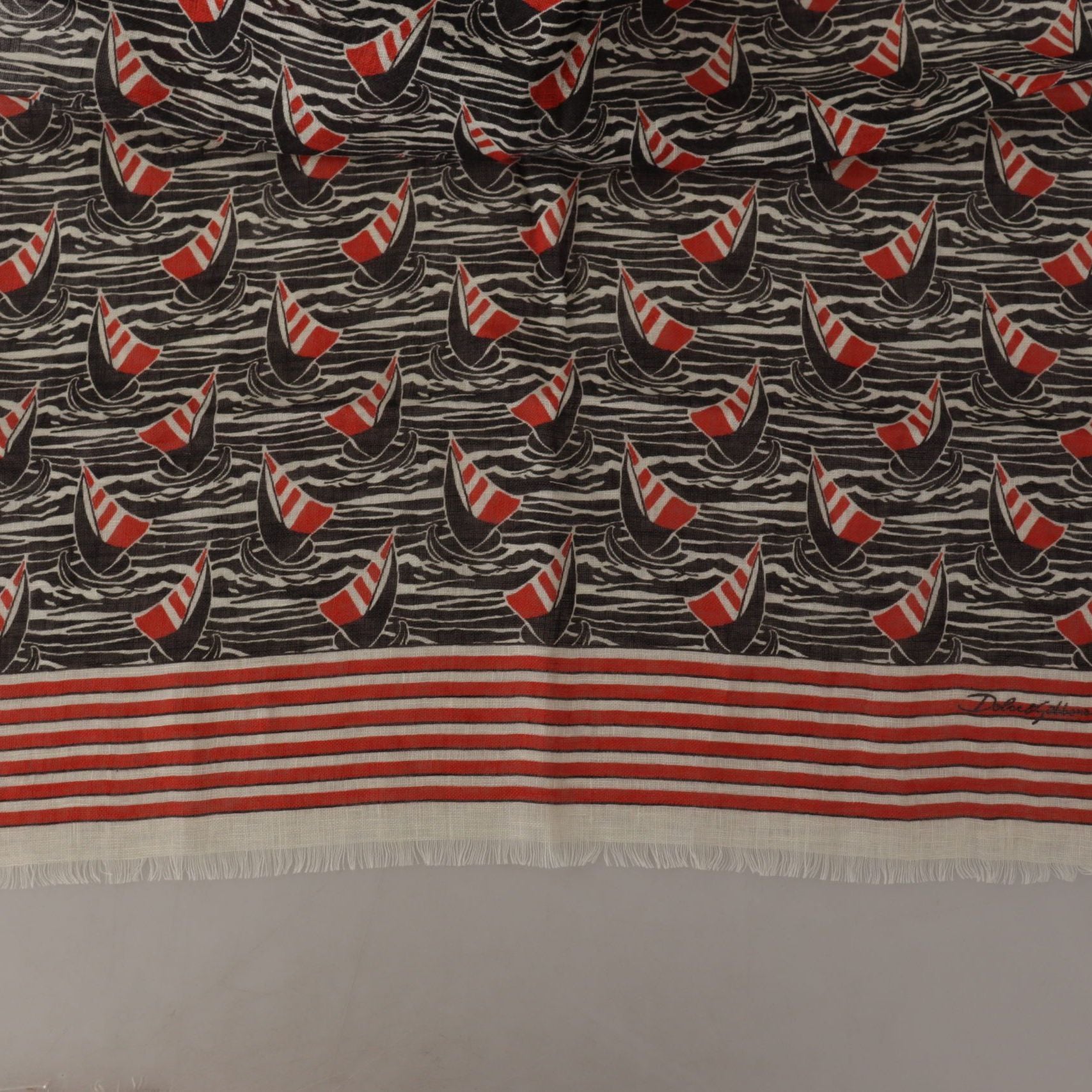 Dolce & Gabbana Black Red Linen Sailboat Stripe Print Shawl Scarf