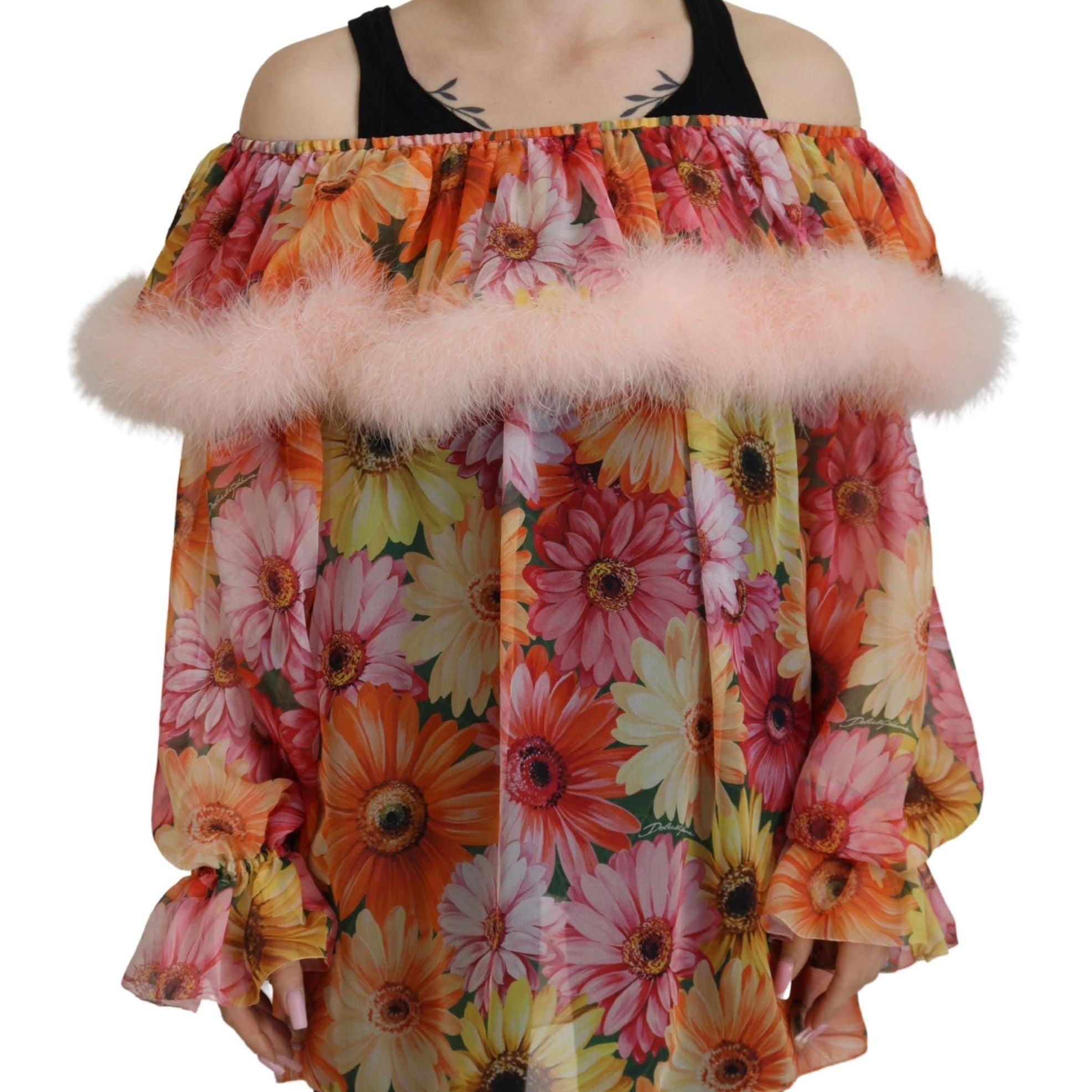 Dolce & Gabbana Multicolor Floral Fur Shearling Blouse Top