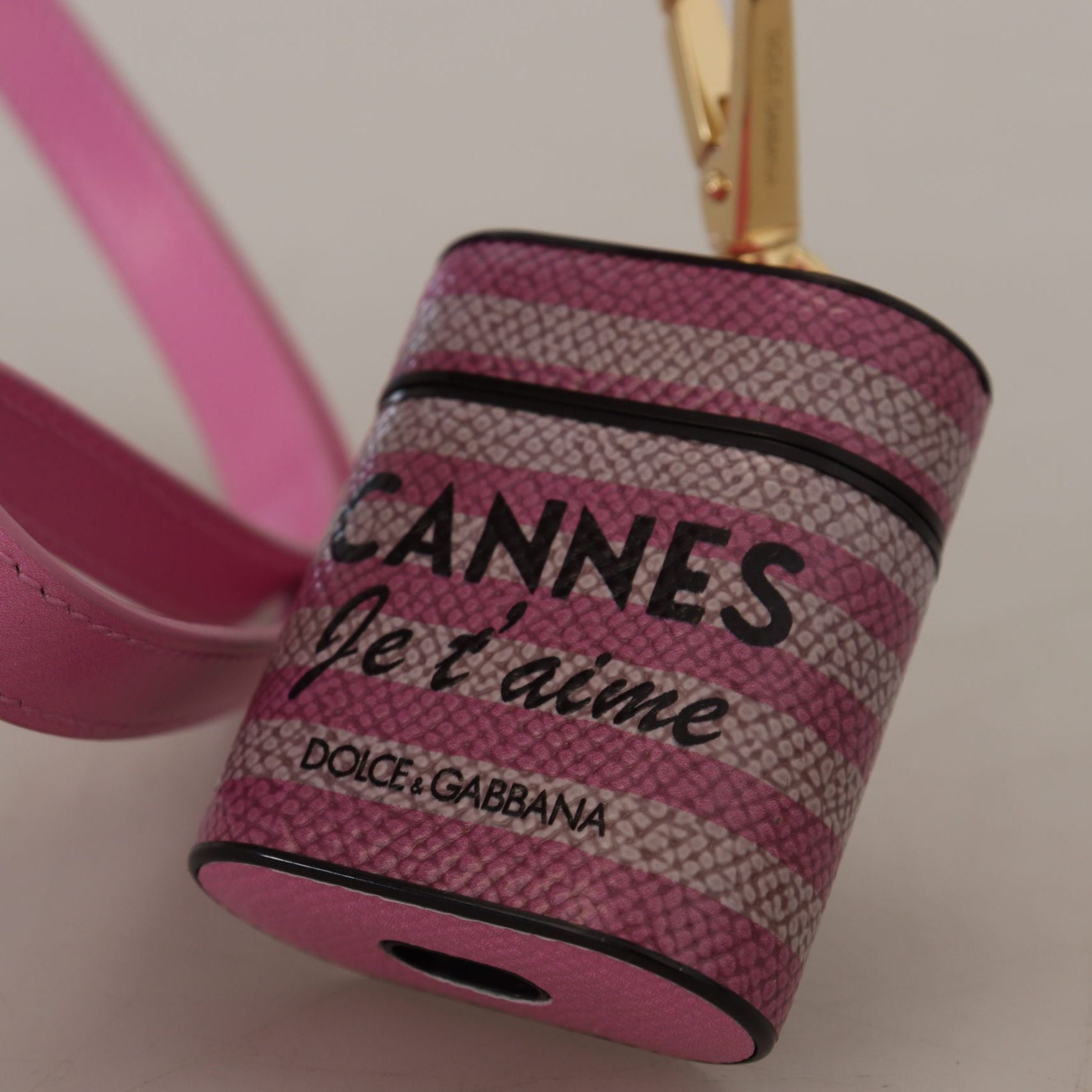 Dolce & Gabbana Pink Black Leather Strap Gold Metal Logo Airpods Case