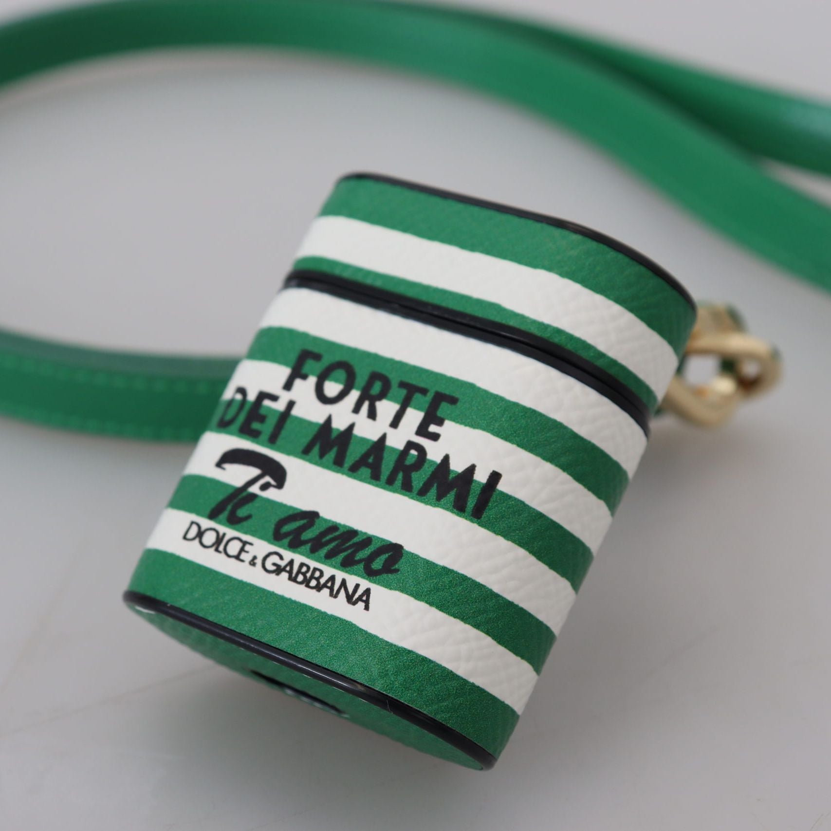 Dolce & Gabbana Green Leather Strap Gold Metal Logo Airpods Case