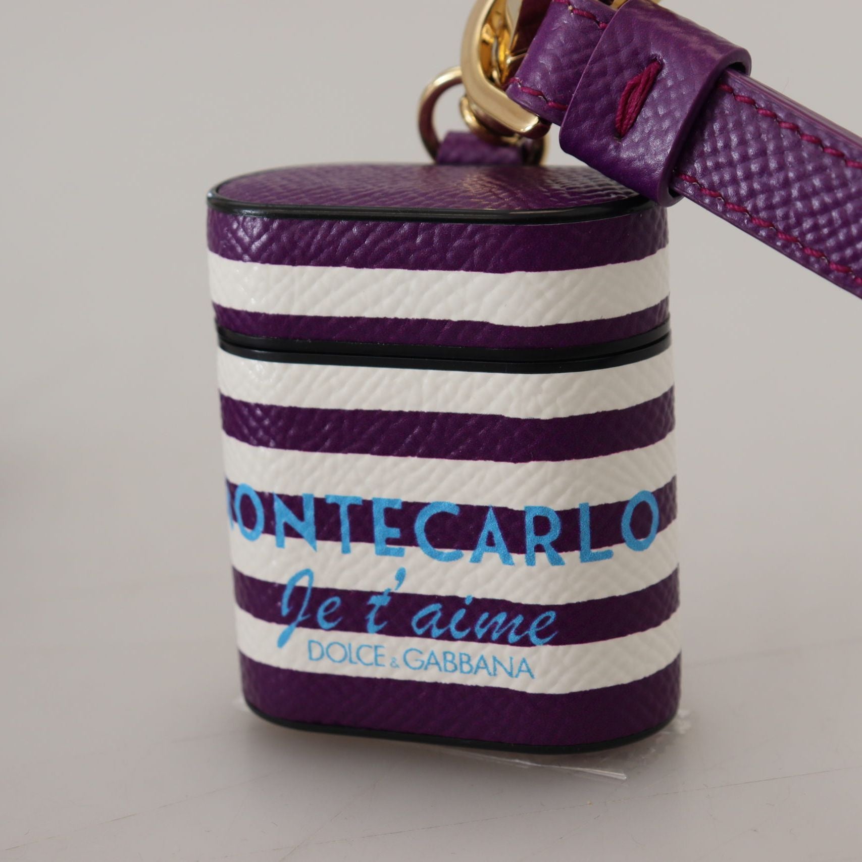 Dolce & Gabbana Purple Leather Strap Gold Metal Logo Airpods Case