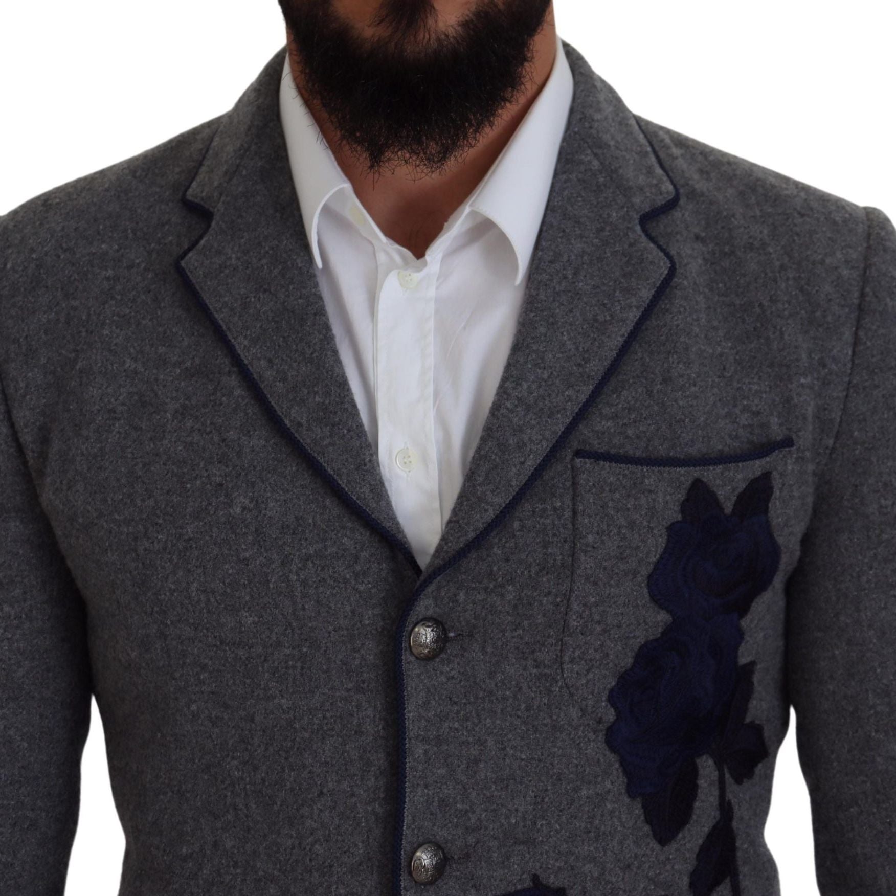 Dolce & Gabbana Gray Wool Roses Slim Fit Jacket Blazer