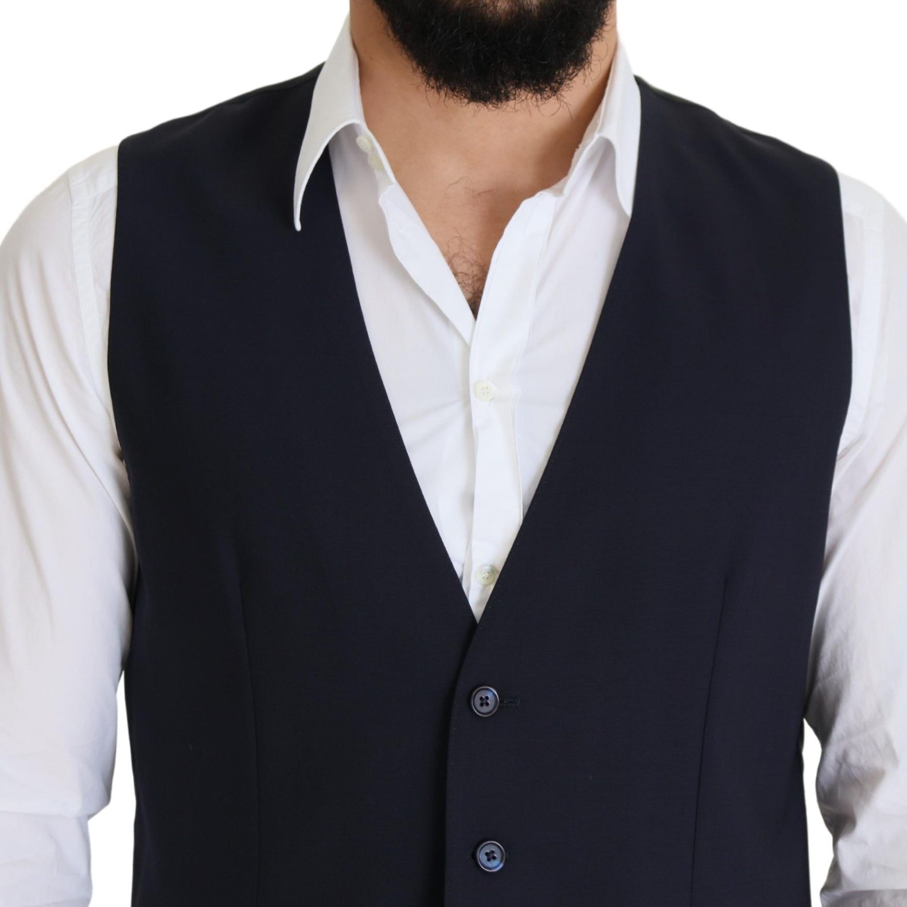 Dolce & Gabbana Dark Blue Wool Stretch Waistcoat Formal Vest
