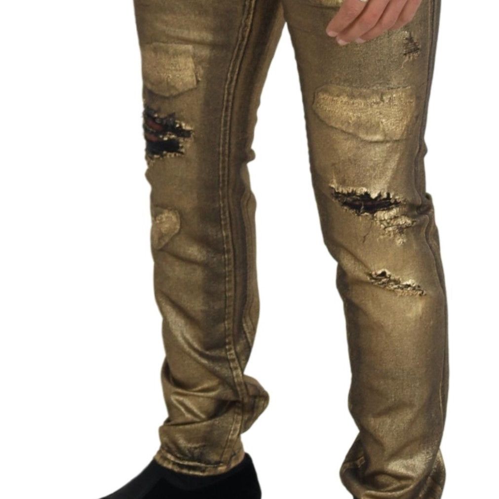 Dolce & Gabbana Gold Cotton Tattered Skinny Men Denim Jeans