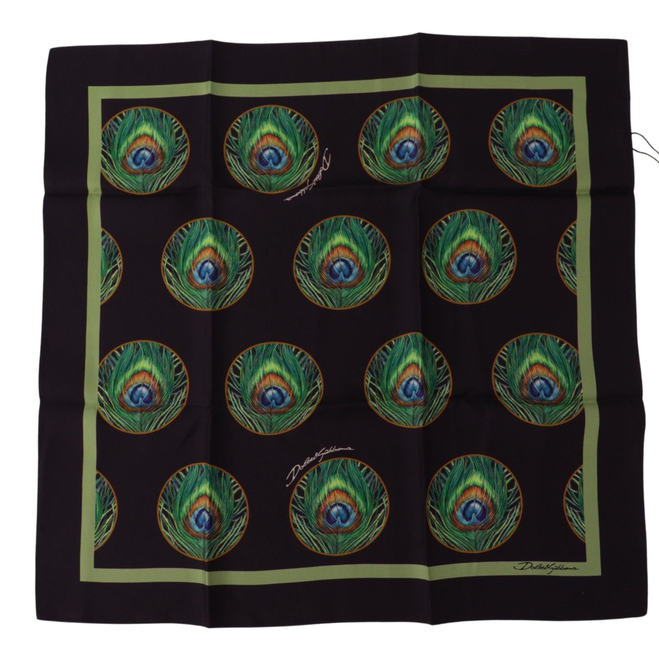 Dolce & Gabbana Black Peacock Feather DG Printed Square Handkerchief Scarf