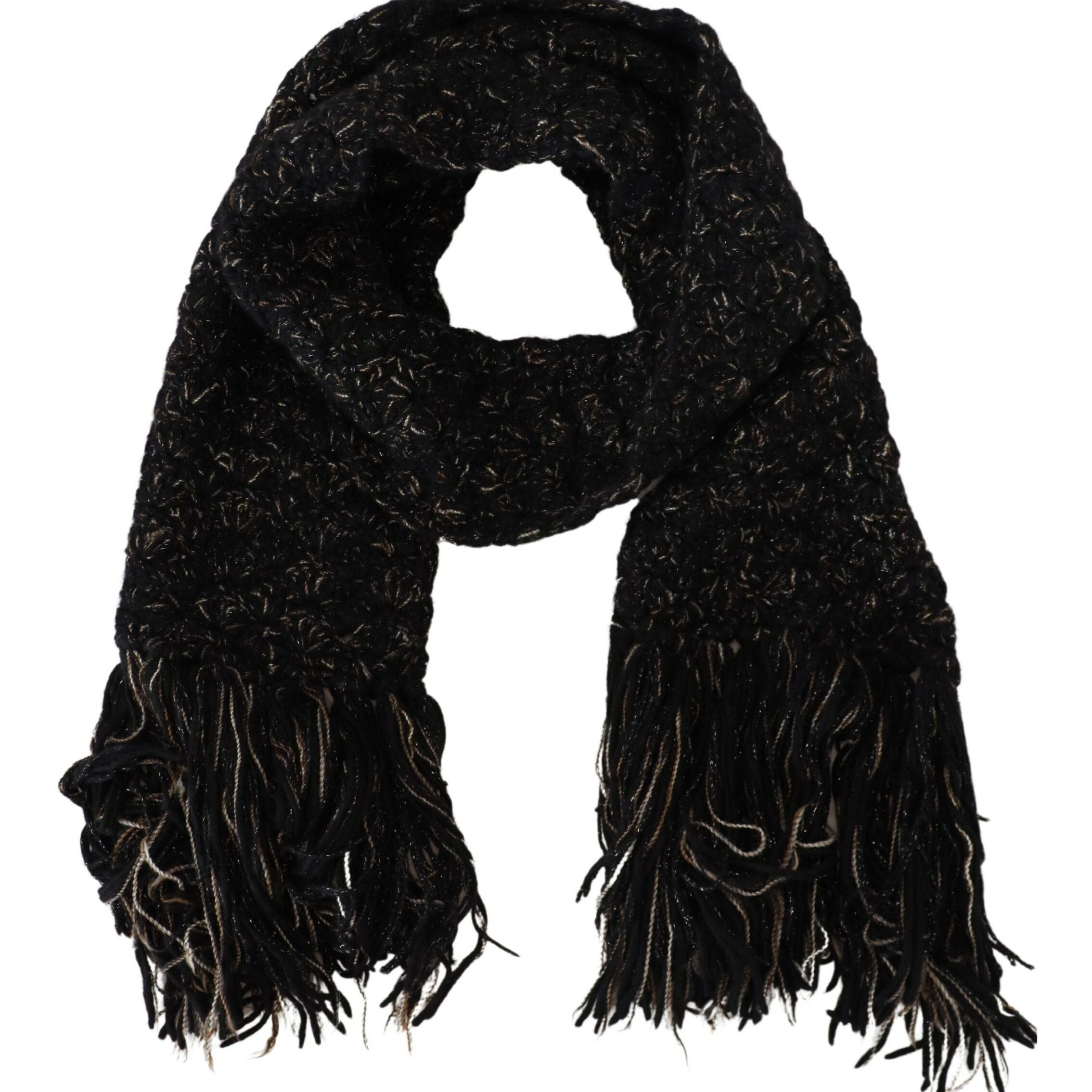 Dolce & Gabbana Black Wool Knitted Wrap Foulard Fringe Scarf