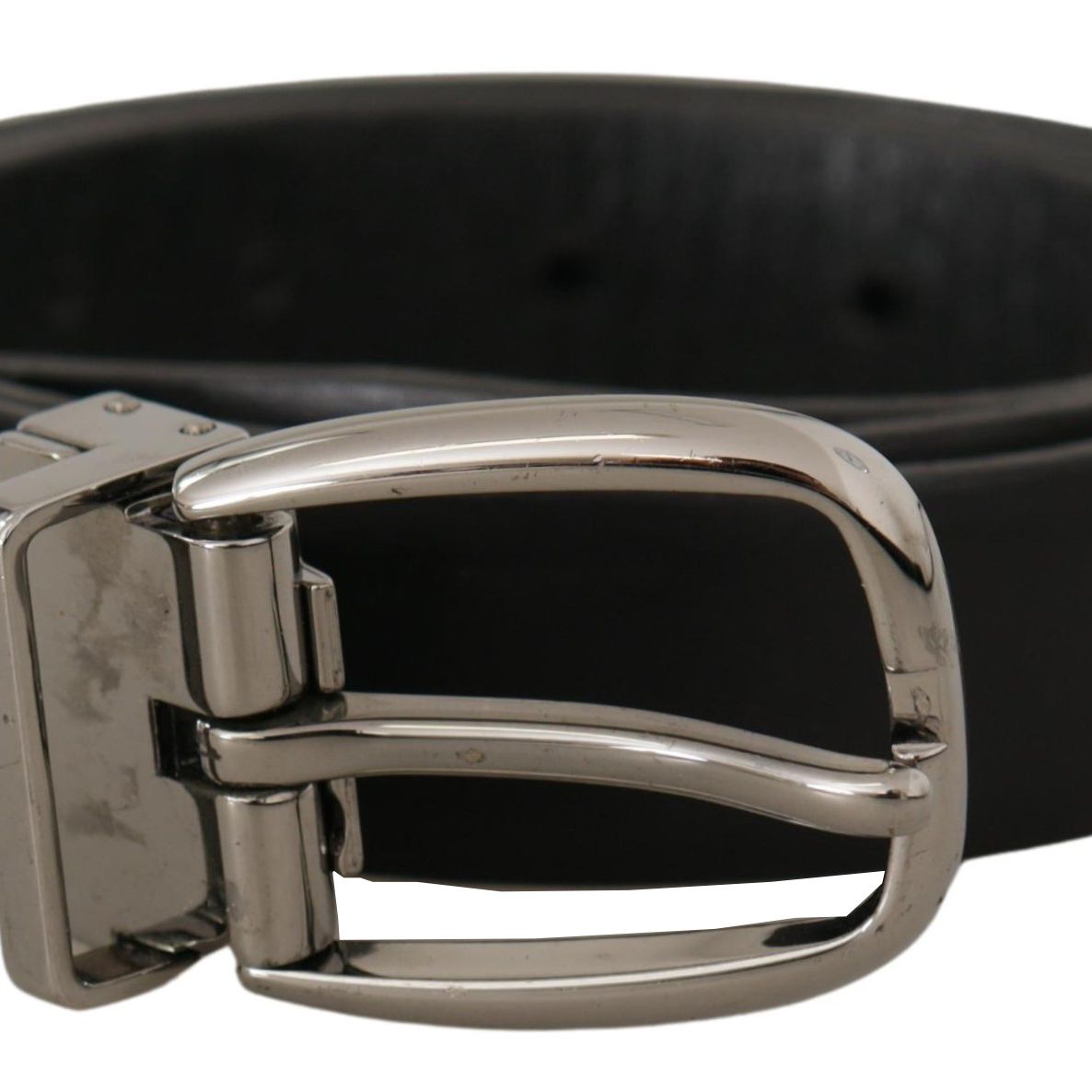 Dolce & Gabbana Black Leather Chrome Logo Metal Buckle Belt