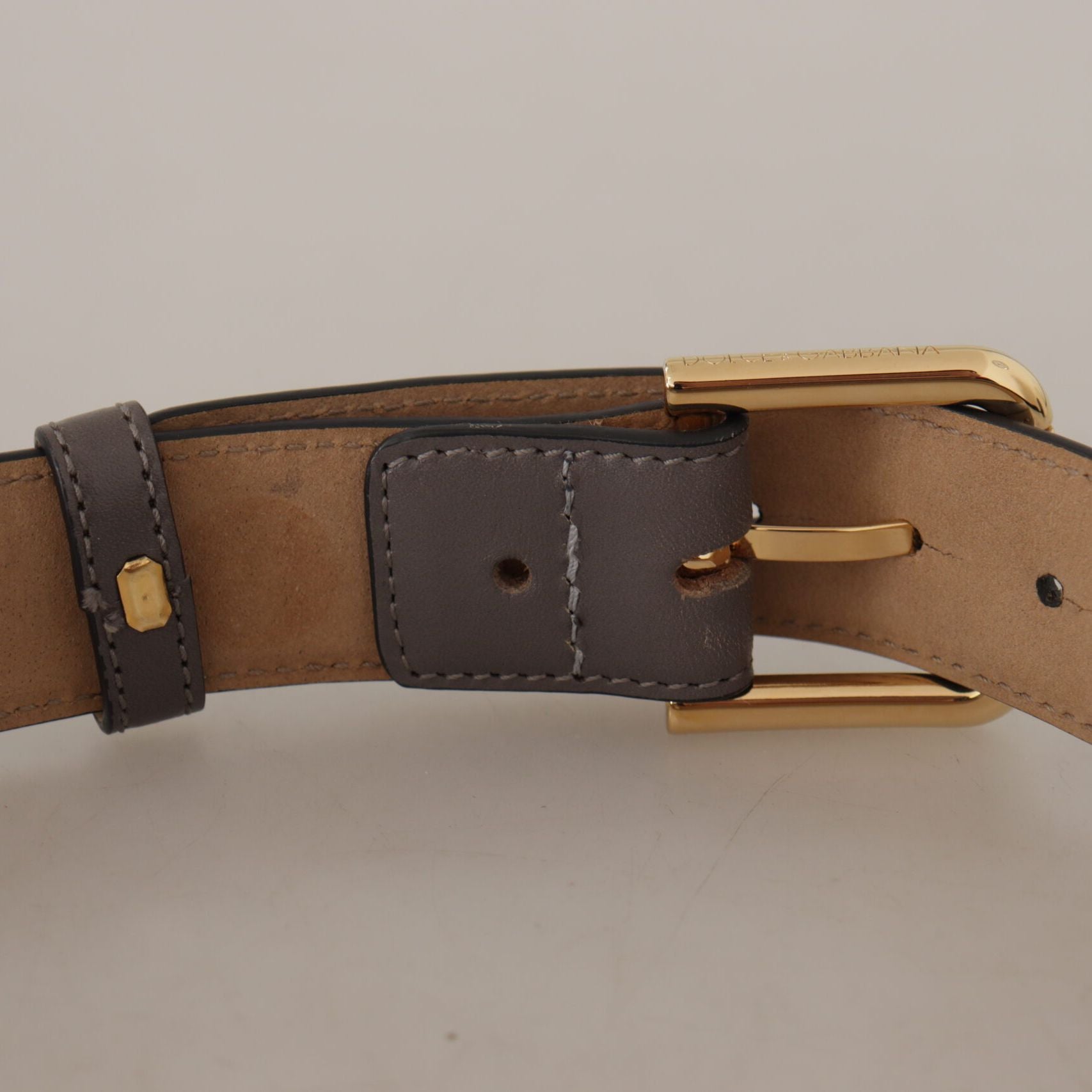 Dolce & Gabbana Gray Calfskin Leather Gold Metal Logo Buckle Belt