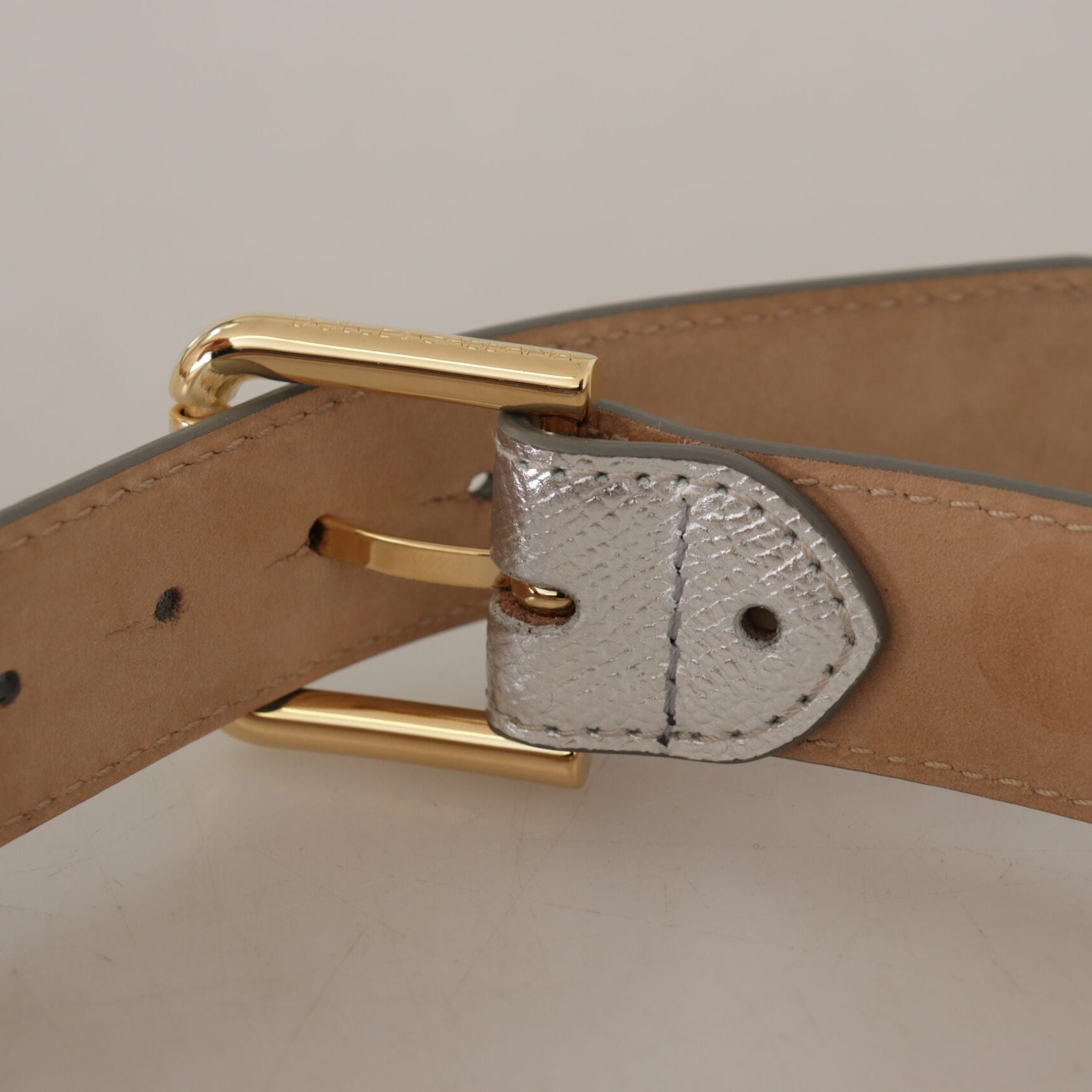 Dolce & Gabbana Silver Leather Gold Tone Logo Metal Waist Buckle Belt