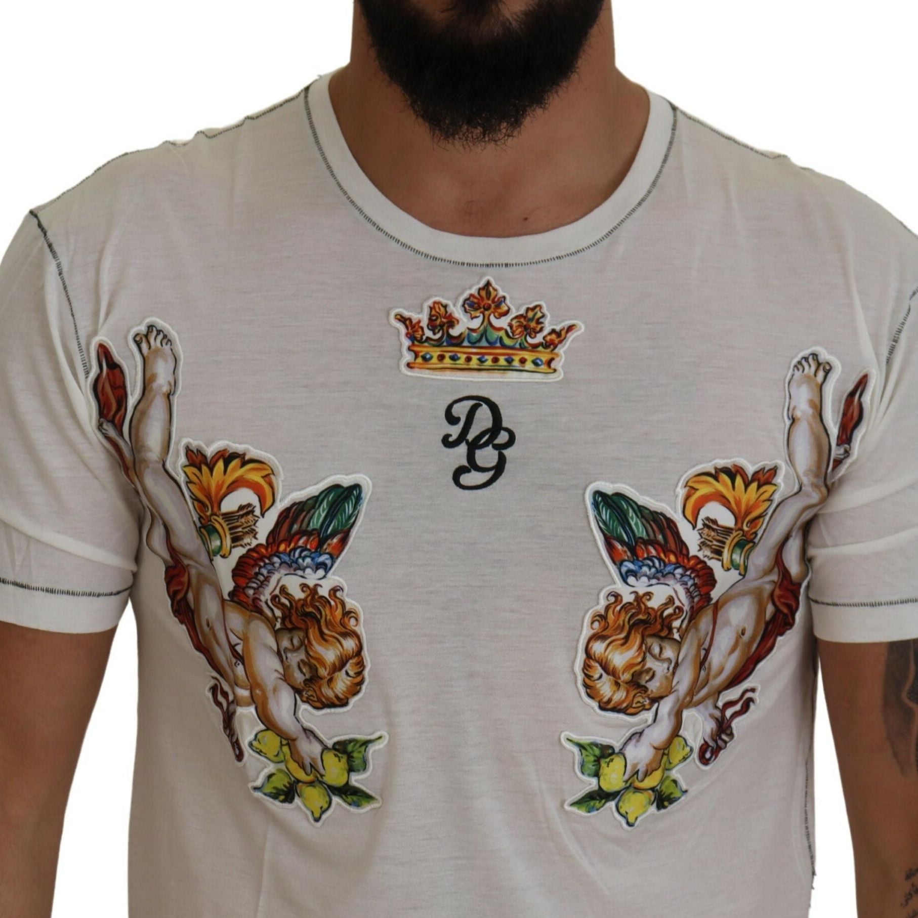Dolce & Gabbana White Printed Short Sleeves Men T-shirt