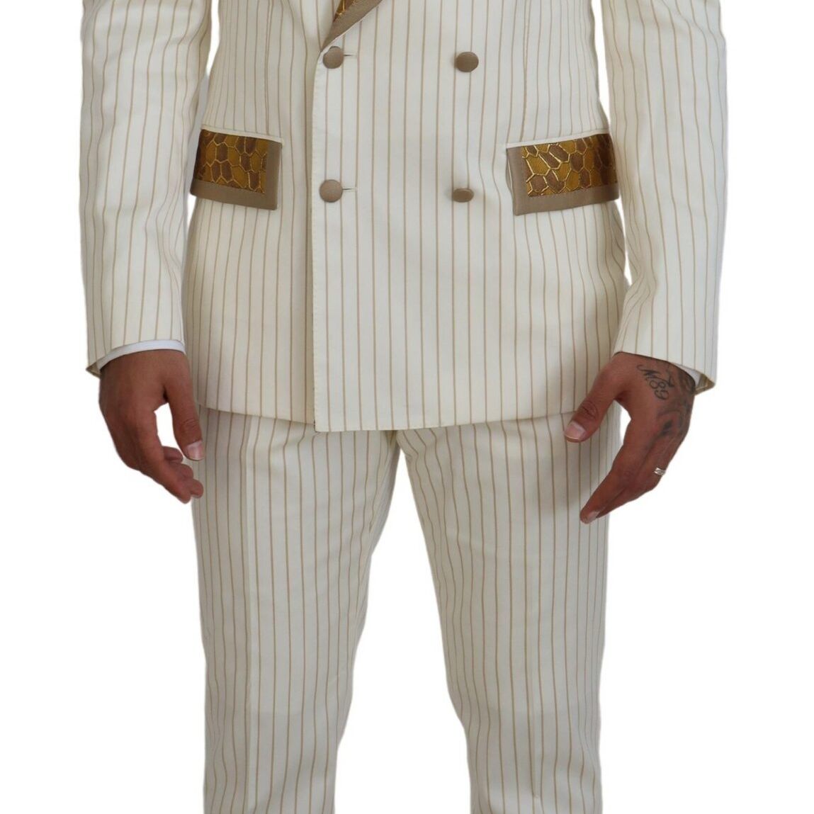 Dolce & Gabbana Off White Gold Striped Tuxedo Slim Fit Suit