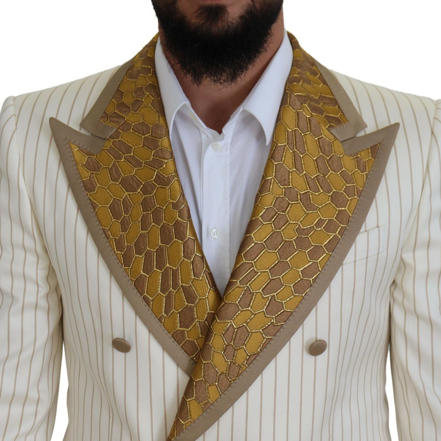 Dolce & Gabbana Off White Gold Striped Tuxedo Slim Fit Suit