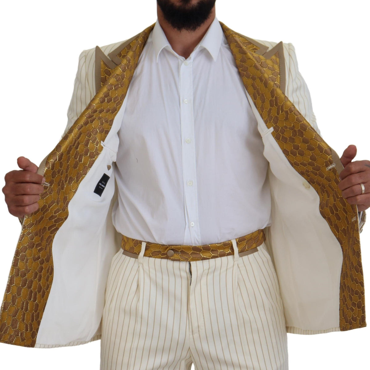 Dolce & Gabbana Off White Gold Striped Tuxedo Slim Fit Suit
