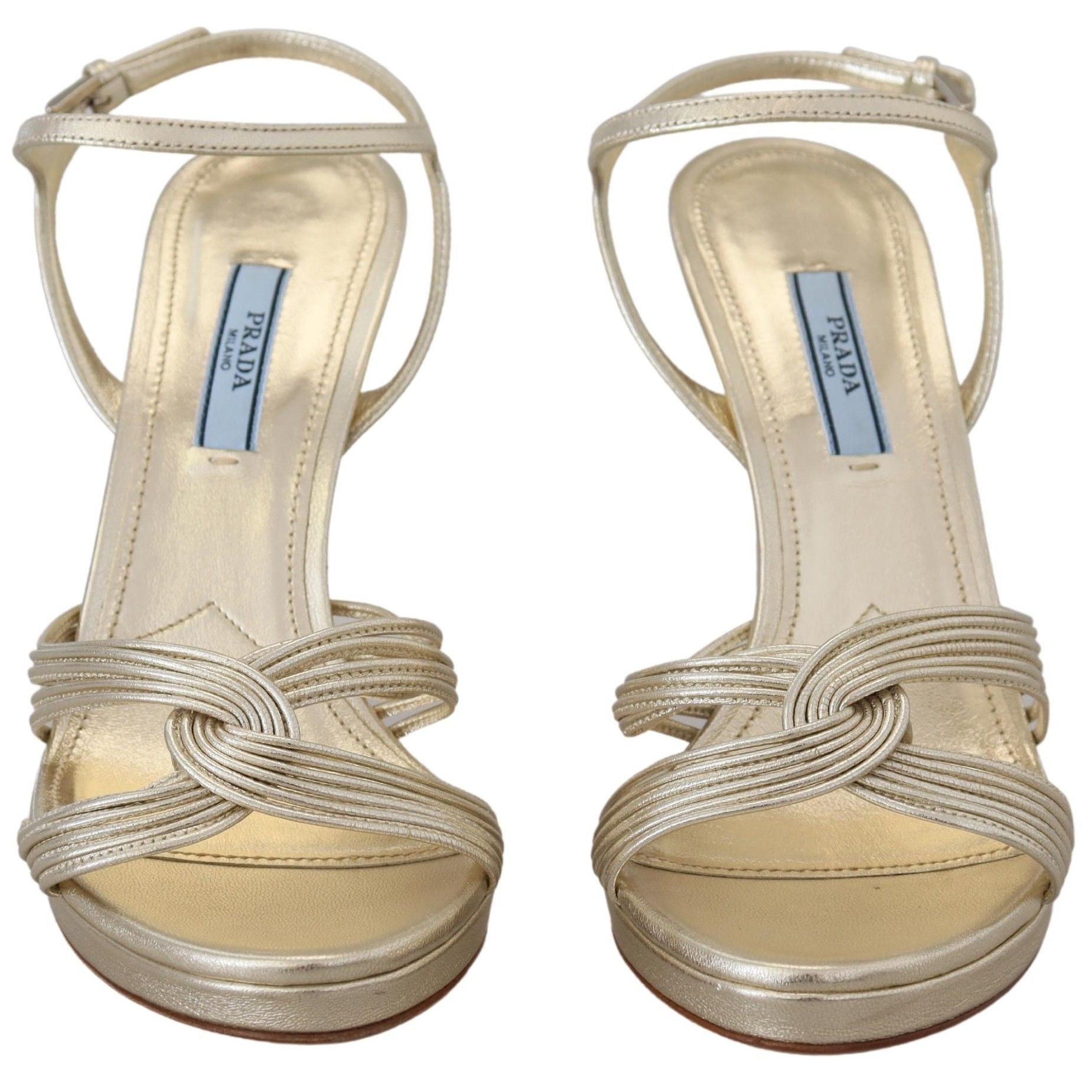 Prada Gold Leather Sandals Ankle Strap Heels Stiletto Sandal