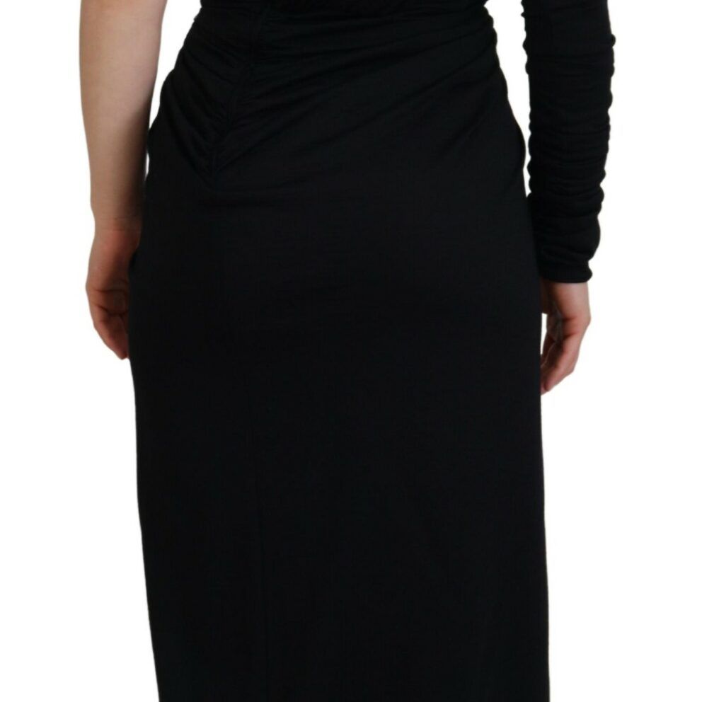Dolce & Gabbana Black Wrap Sheath One Shoulder Wool Dress