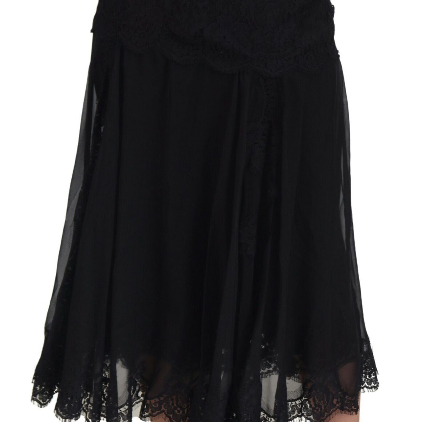 Dolce & Gabbana Black Silk Lace Trim High Waist Midi Skirt