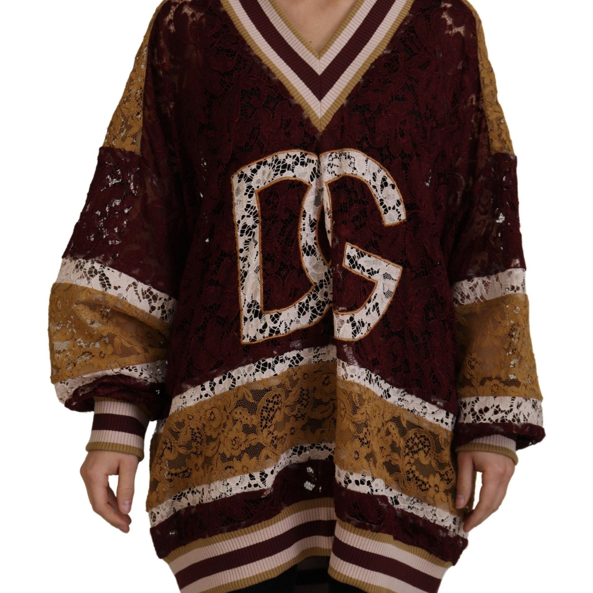Dolce & Gabbana Multicolor Lace V-neck Pullover Sweater