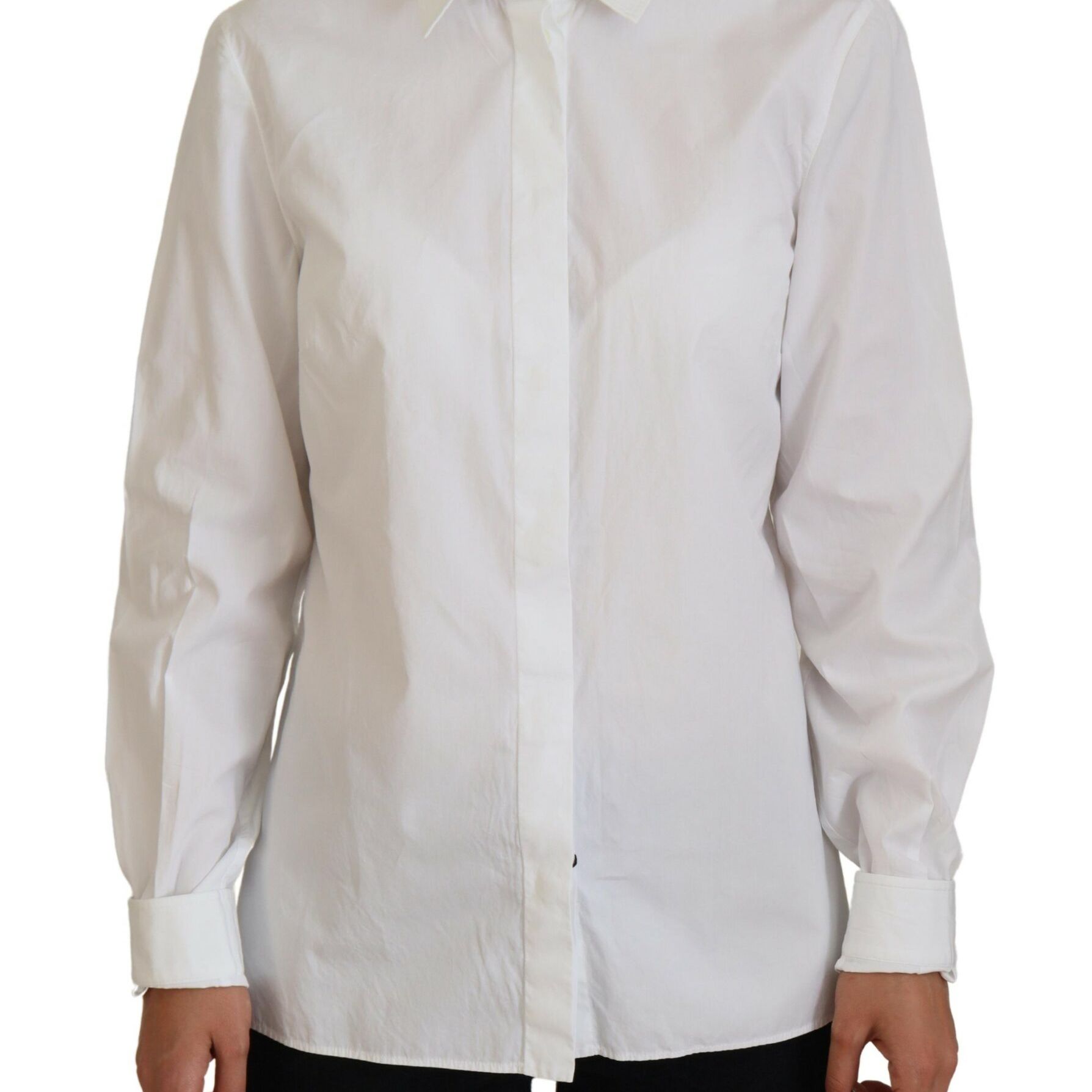 Dolce & Gabbana White Cotton Collared Long Sleeves Formal Top
