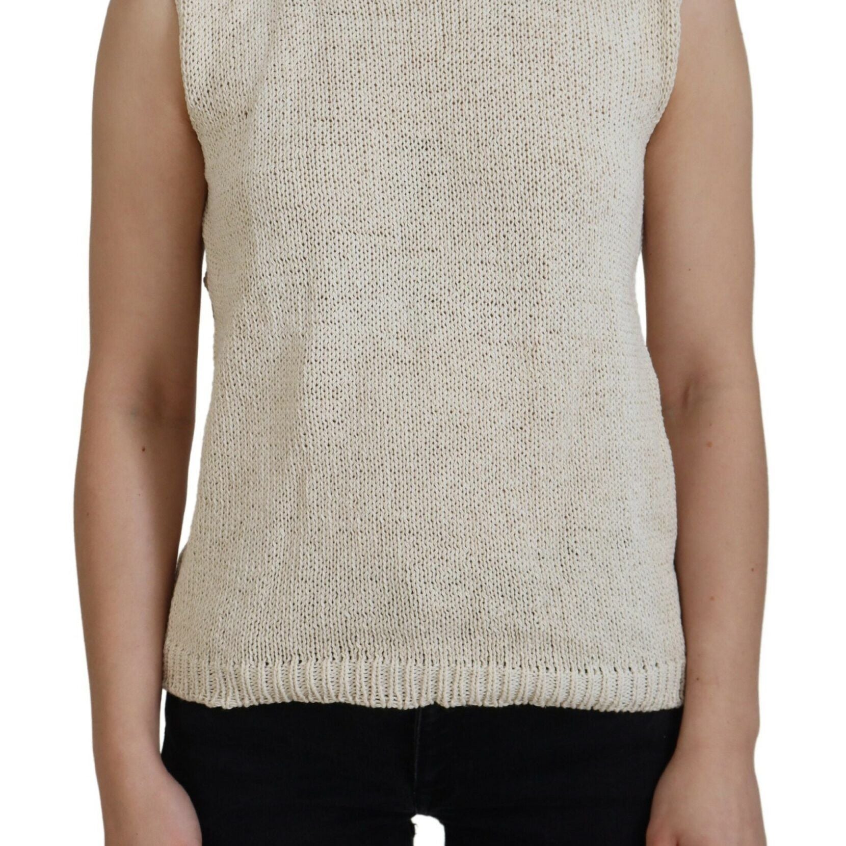 PINK MEMORIES Beige Cotton Blend Sleeveless Round Neck Tank Top