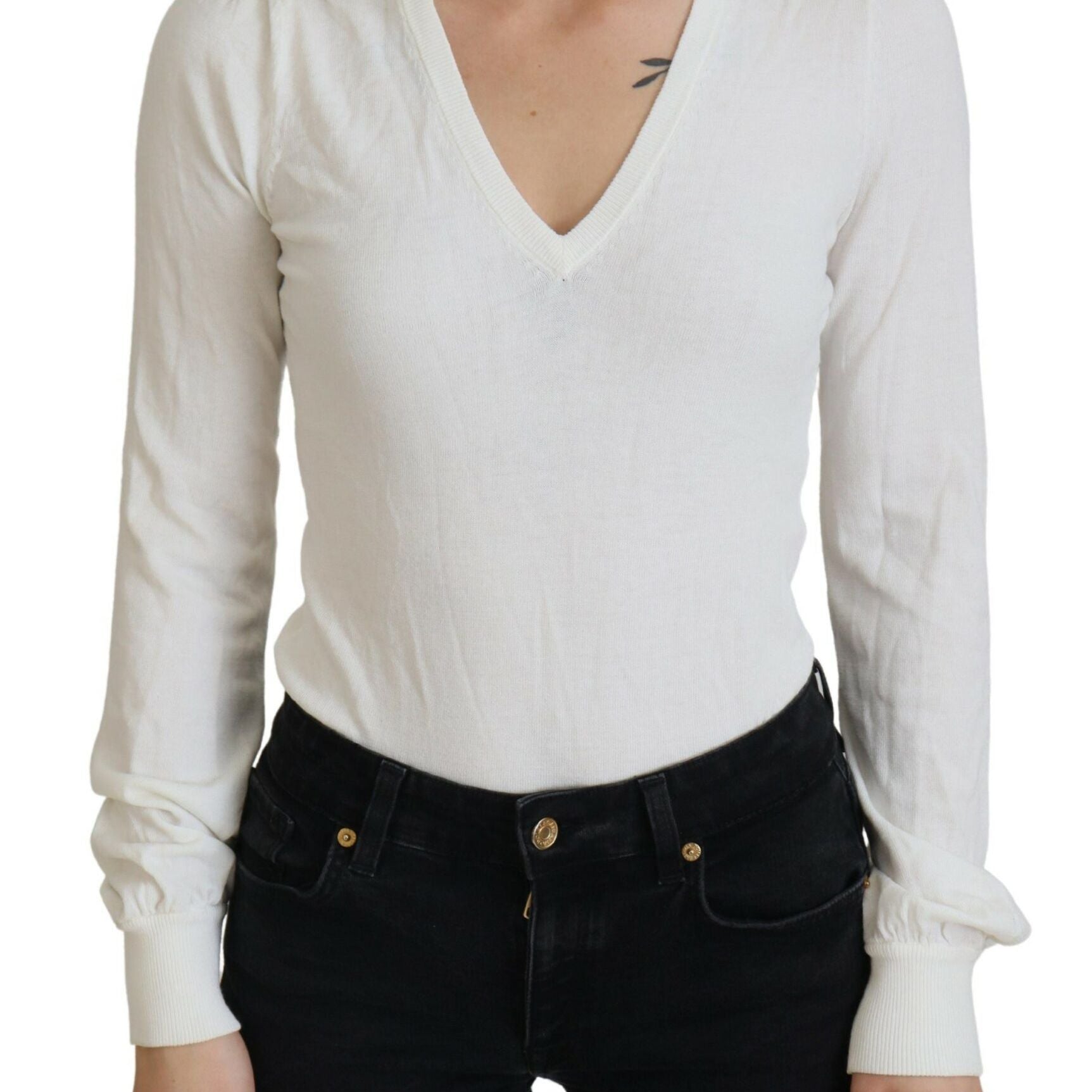 Patrizia Pepe Ivory V-Neck Long Sleeves Women Blouse Top