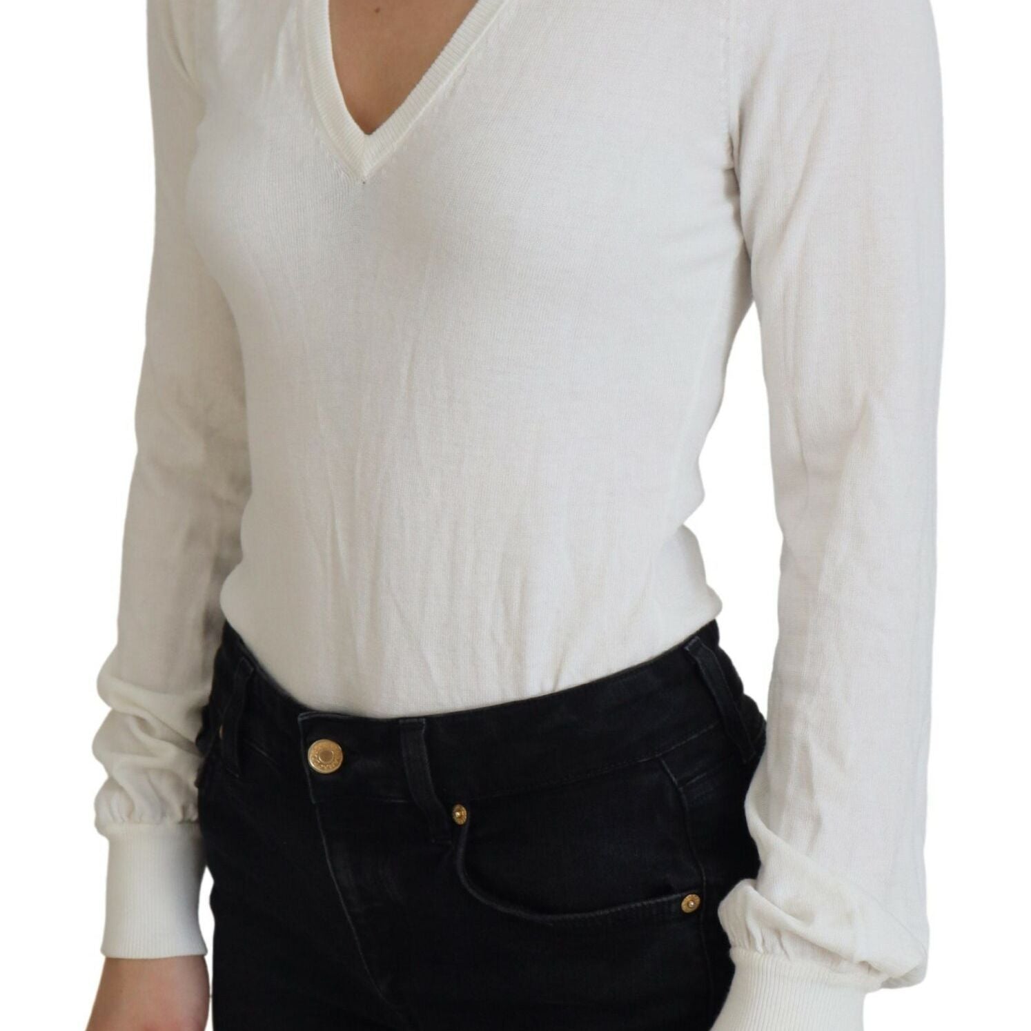 Patrizia Pepe Ivory V-Neck Long Sleeves Women Blouse Top