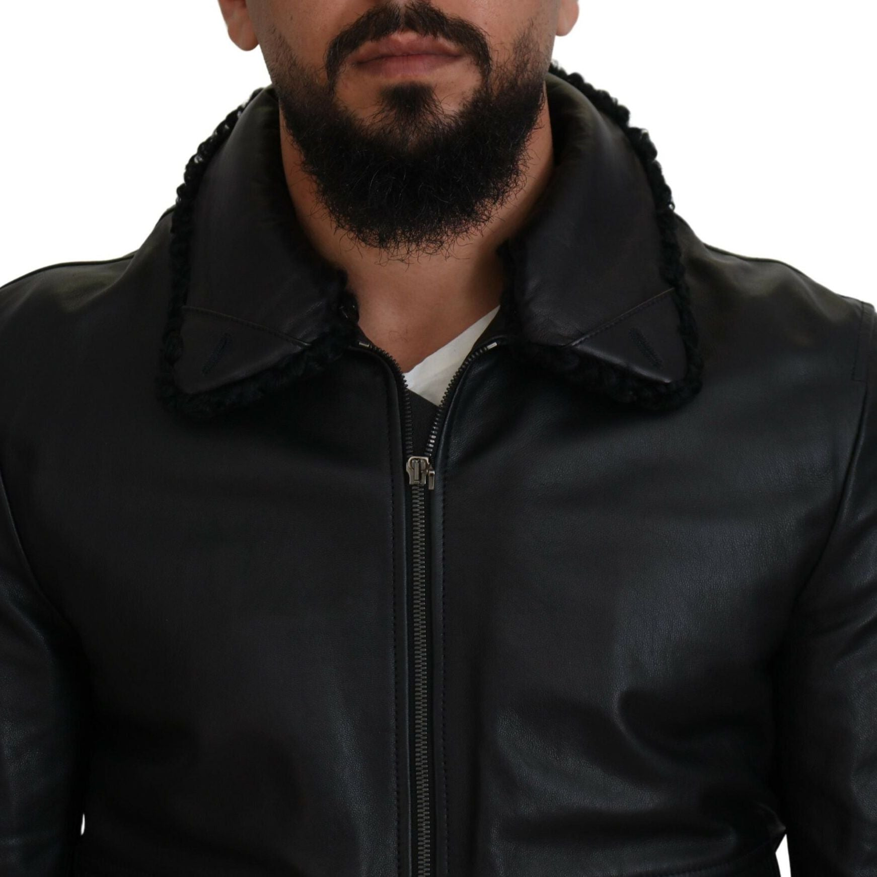 Dolce & Gabbana Black Lamb Leather Collared Men Coat Jacket