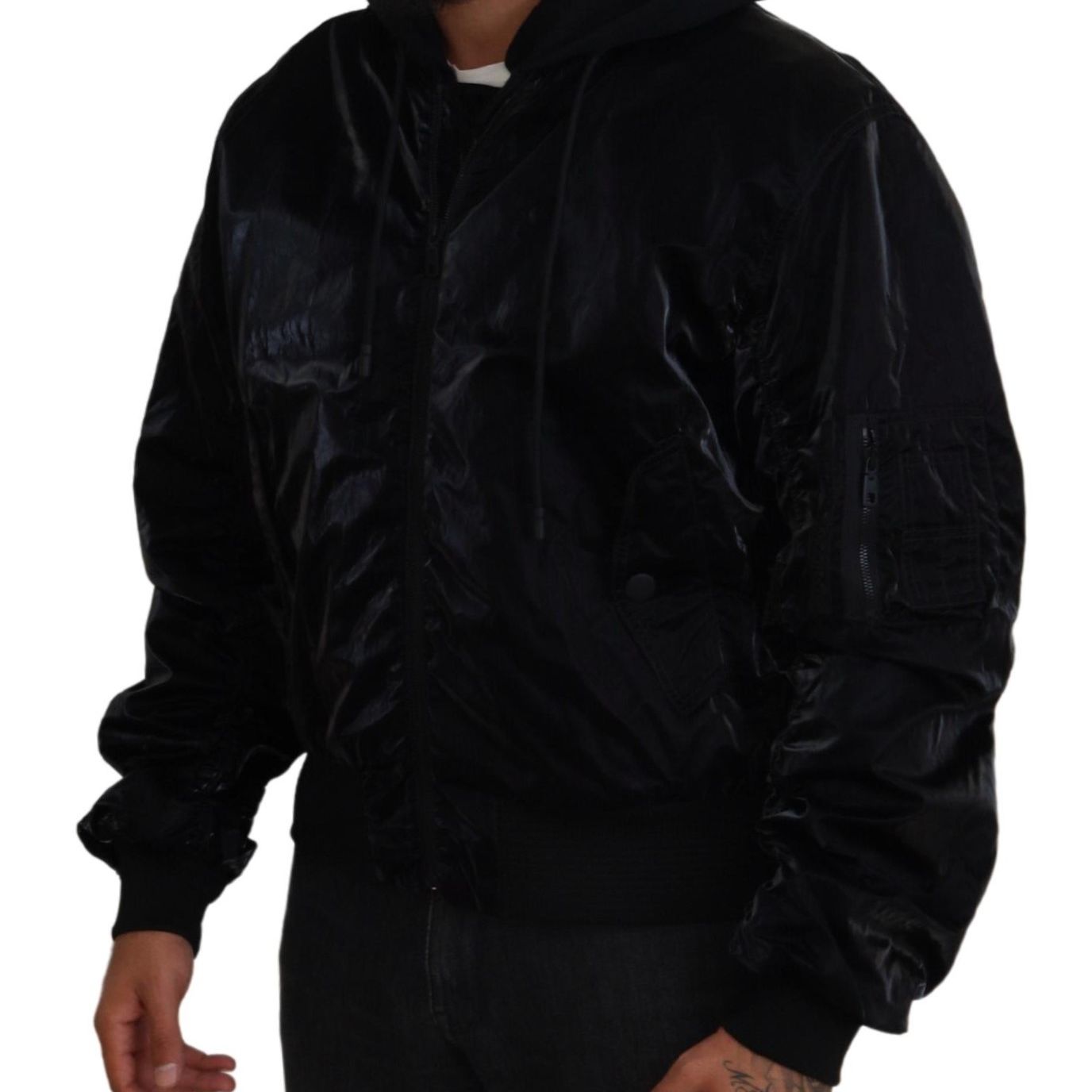 Dolce & Gabbana Black Nylon Hooded Full Zip Bomber Jacket