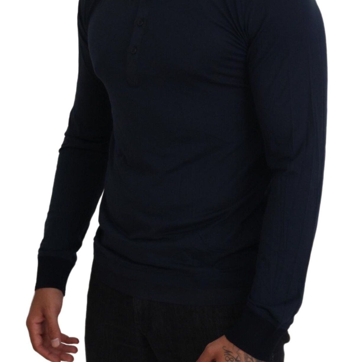 Dolce & Gabbana Blue Cotton Button Crewneck Pullover Sweater