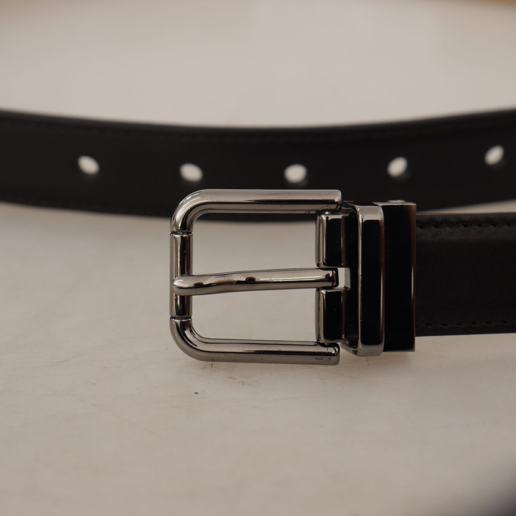 Dolce & Gabbana Black Calf Leather Logo Engraved Metal Buckle Belt