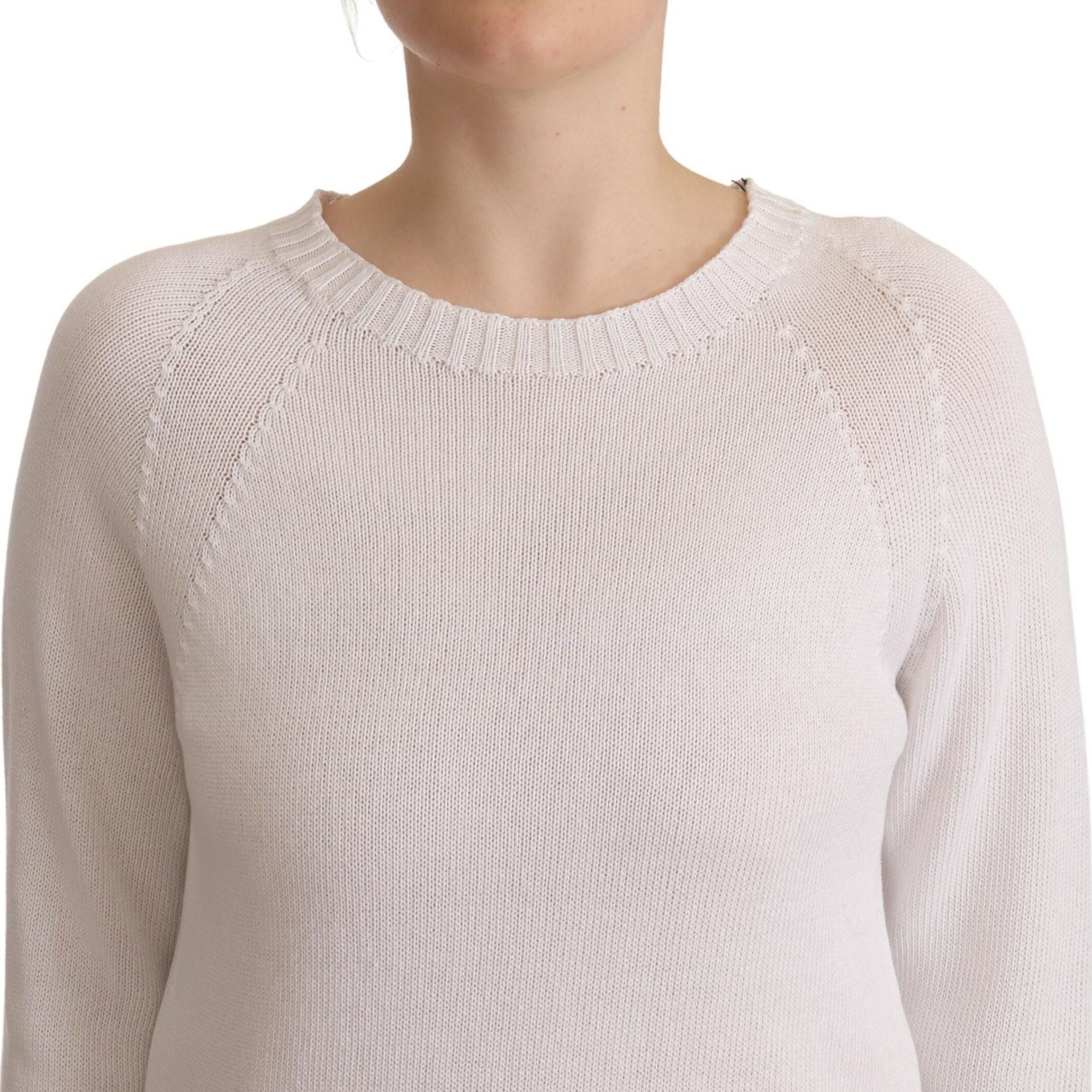 Alpha Studio White Long Sleeves Crewneck Pullover Sweater