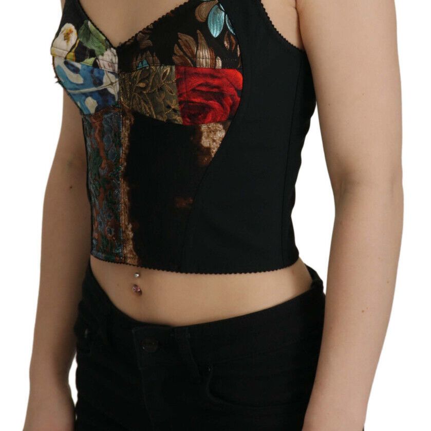 Dolce & Gabbana Black Patchwork Sicily Blouse Corset Cropped Top